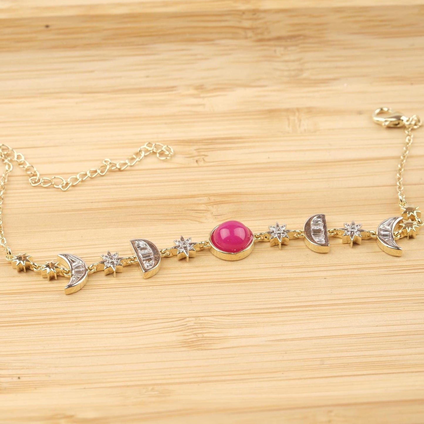Pink Moon & Star Charm Bracelet for Women, Gold Celestial Jewelry with Soft Pink Accent Stone, Romantic Gift for Her, 22cm / 8.66in