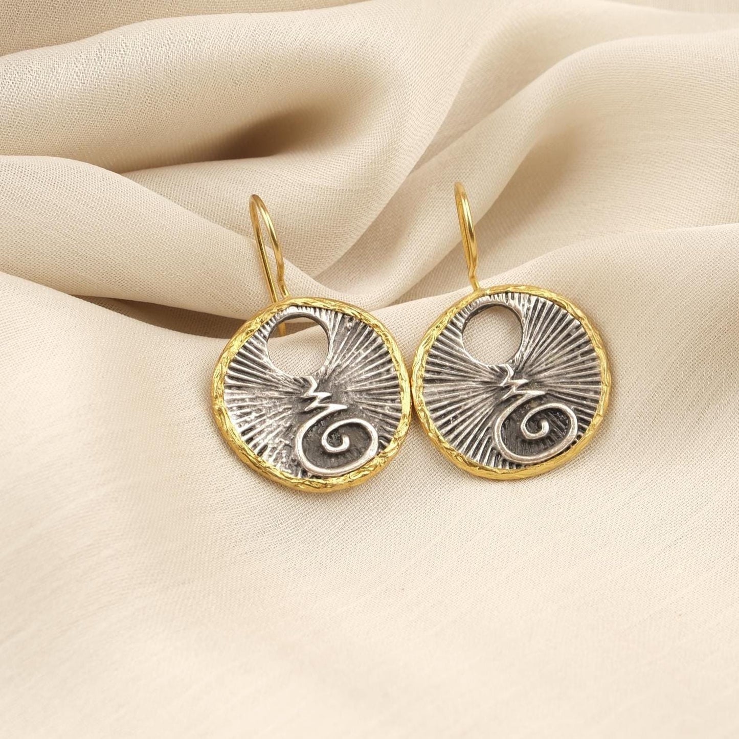 Handmade Abstract Chakra Dangles, Symbol Earrings, Dual Tone Gold Plated Bohemian Jewelry, Unique Artistic Design With Spiritual Symbolism