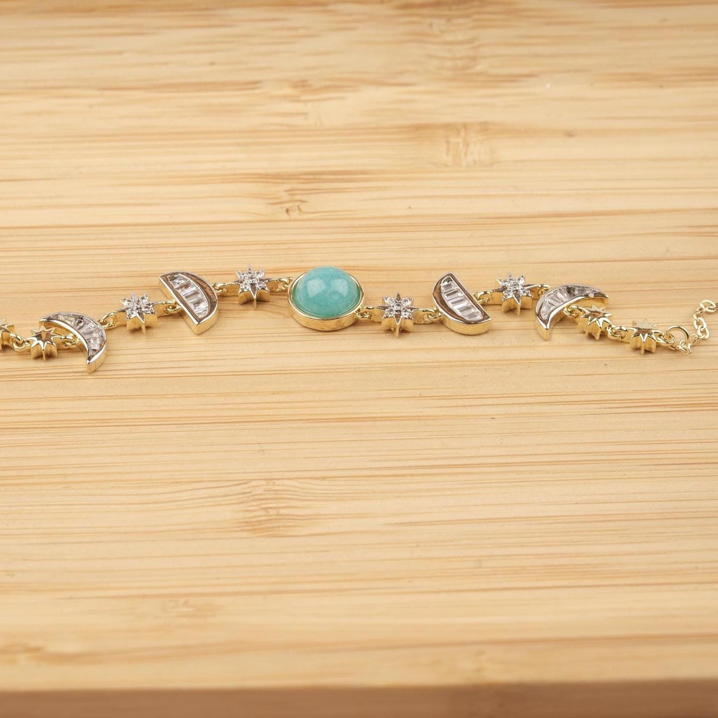Celestial Moon & Star Bracelet for Women, Gold Charm Bracelet with Sky Blue Stone, Dainty Astrology Jewelry Gift for Her, 22cm / 8.66in