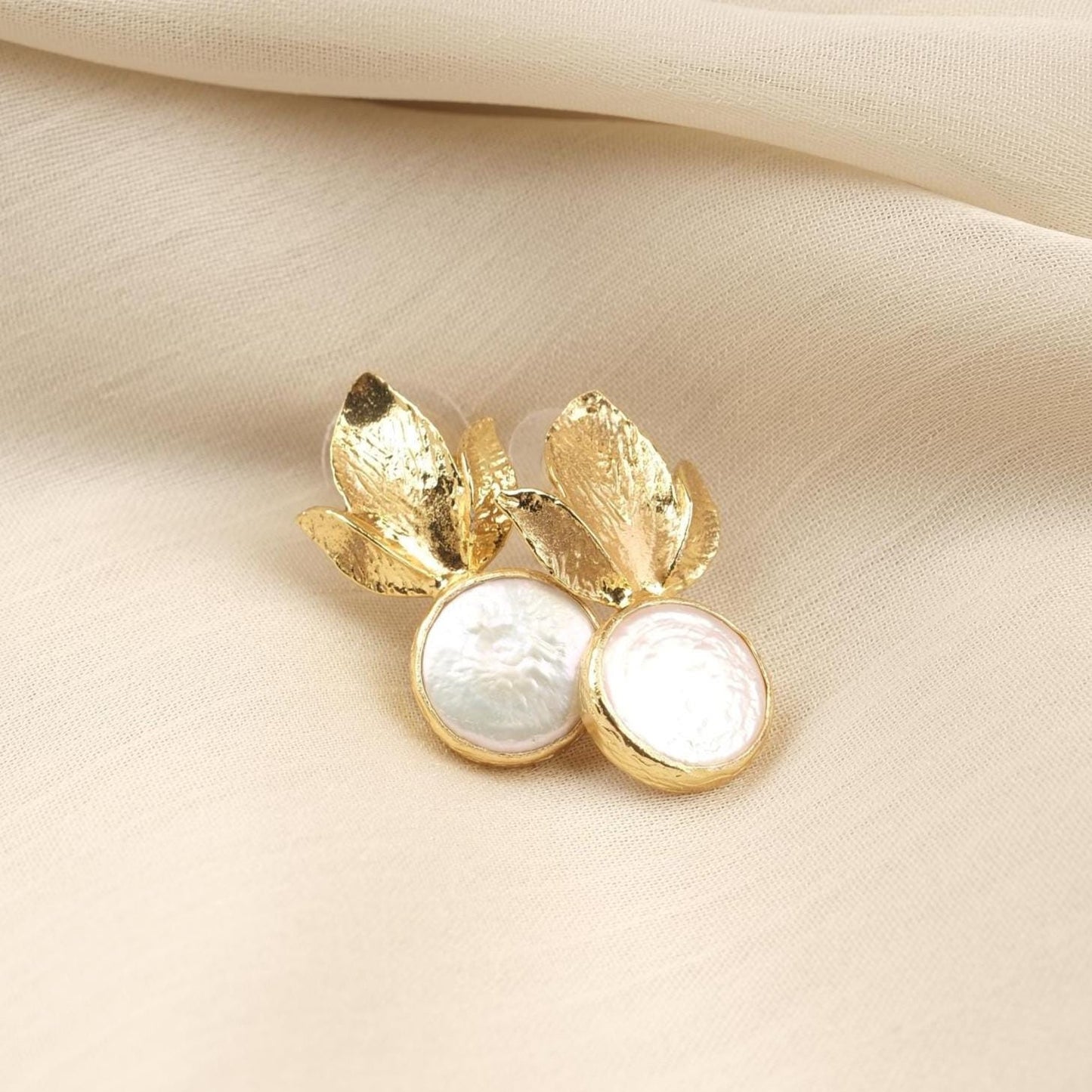 Handmade Genuine Pearl Stud Earrings, Gold Plated Leaf Design, Artistic Nature-Inspired Jewelry for Women, Elegant Lightweight Statement