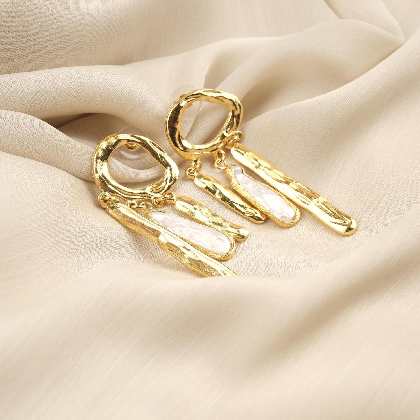 Handmade Genuine Pearl Artistic Earrings, Modern Abstract Design With Gold Plated Studs, Bold Baroque Statement Style For Unique Look Gift