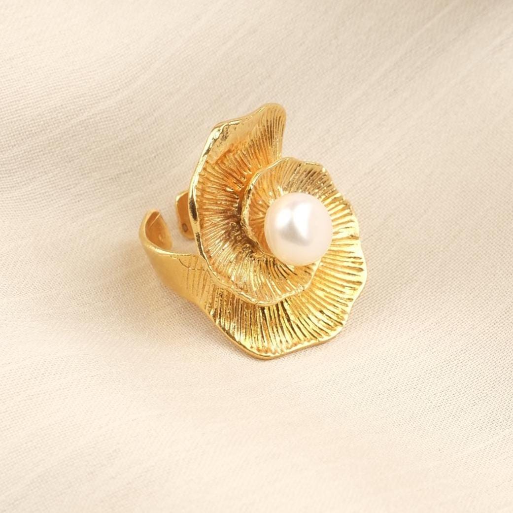 Handmade Genuine Pearl Ring Flower Design & Antique Looking And Vintage Style Timeless Gold Plated Adjustable , Elegant Bold Jewelry Gift