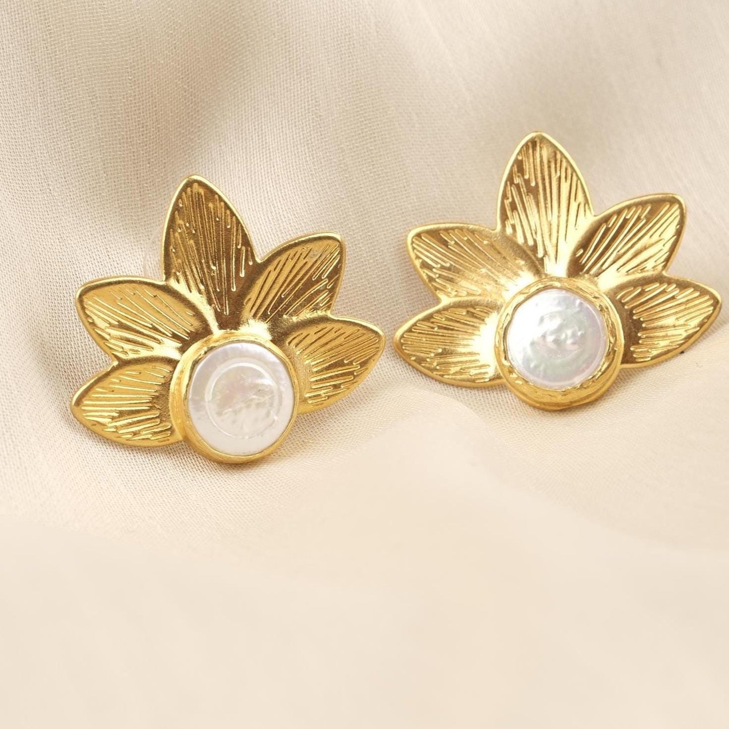 Handmade Real Pearl Lotus Flower Stud Earrings with Genuine Freshwater Pearl, Unique Zen Mode Jewelry, Antique Looking Nature-Inspired Gift