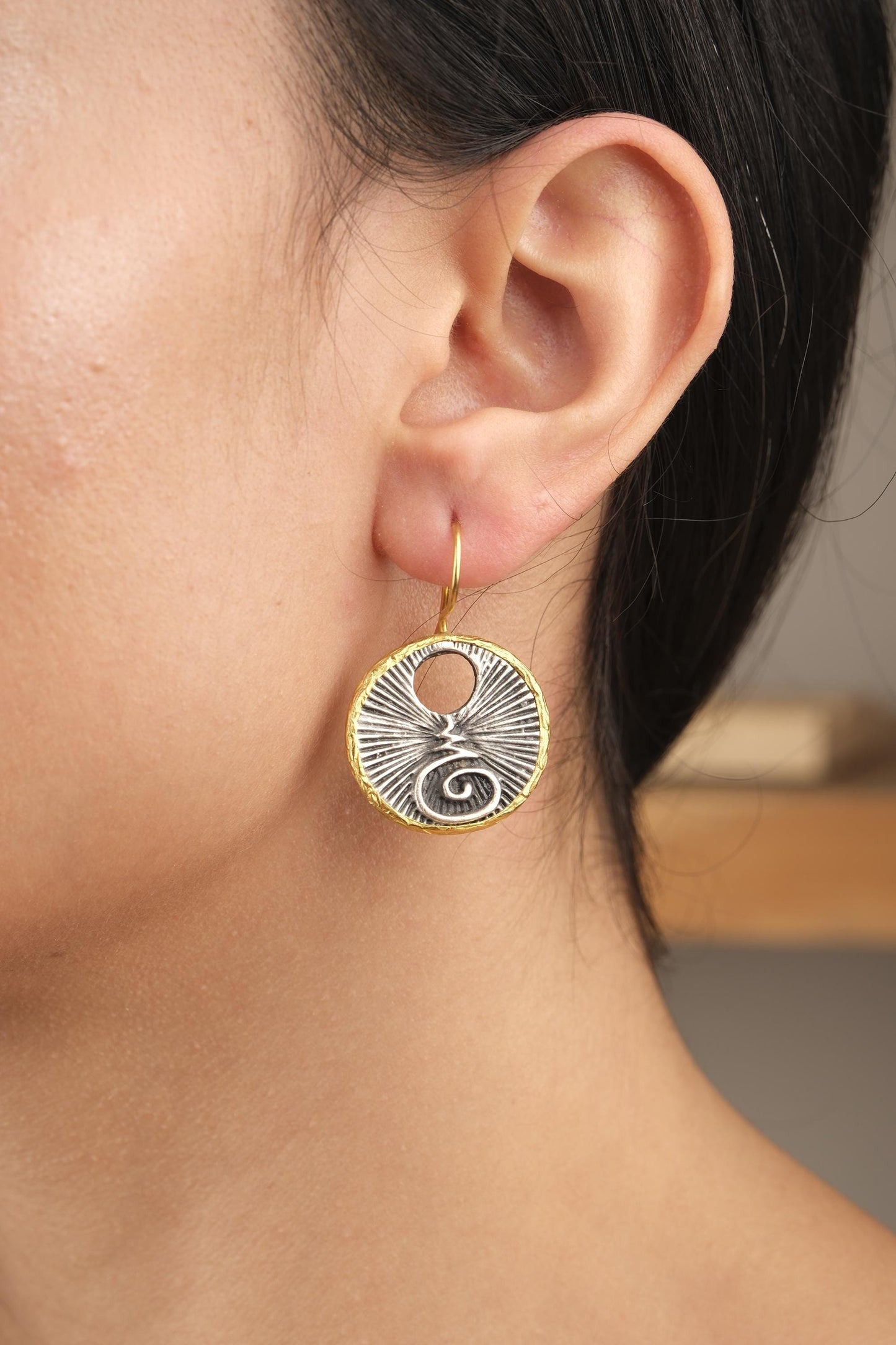 Handmade Abstract Chakra Dangles, Symbol Earrings, Dual Tone Gold Plated Bohemian Jewelry, Unique Artistic Design With Spiritual Symbolism