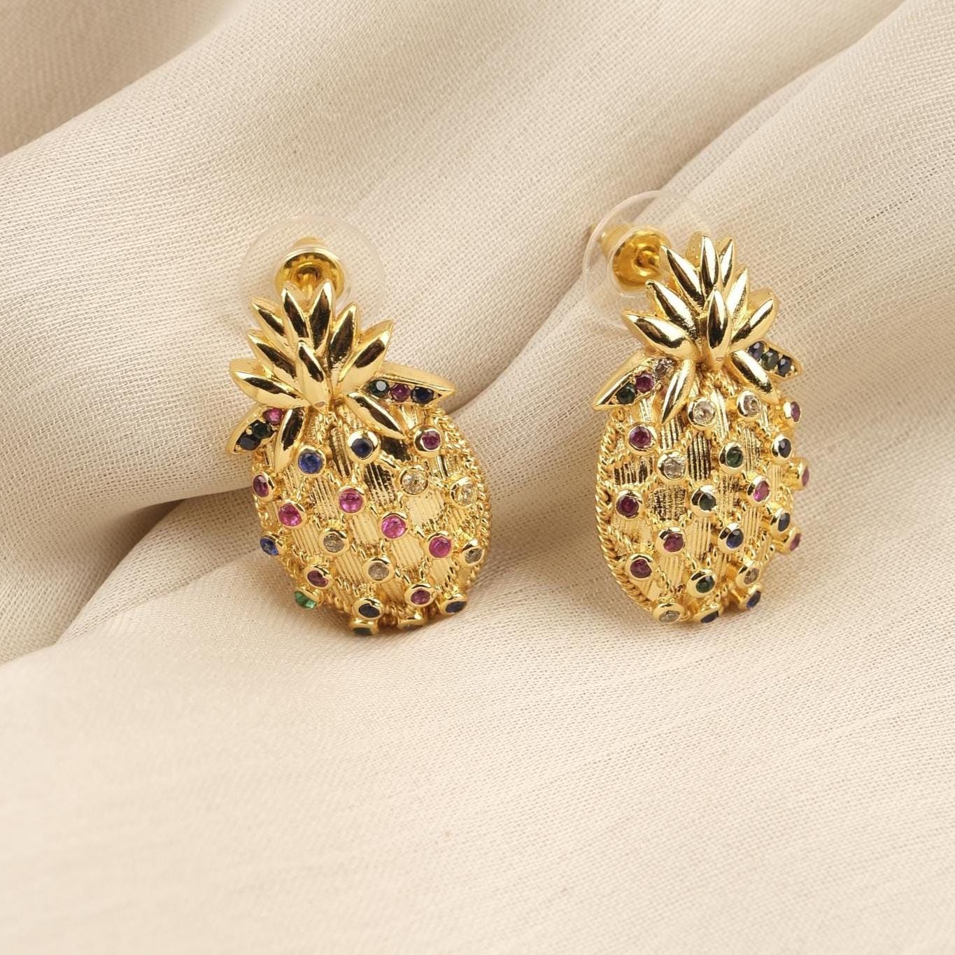 Handmade Gold Plated Pineapple Stud Earrings, Sparkling Diamond Detail Fruit Jewelry, Playful Tropical Design, Unique Fun Statement Style