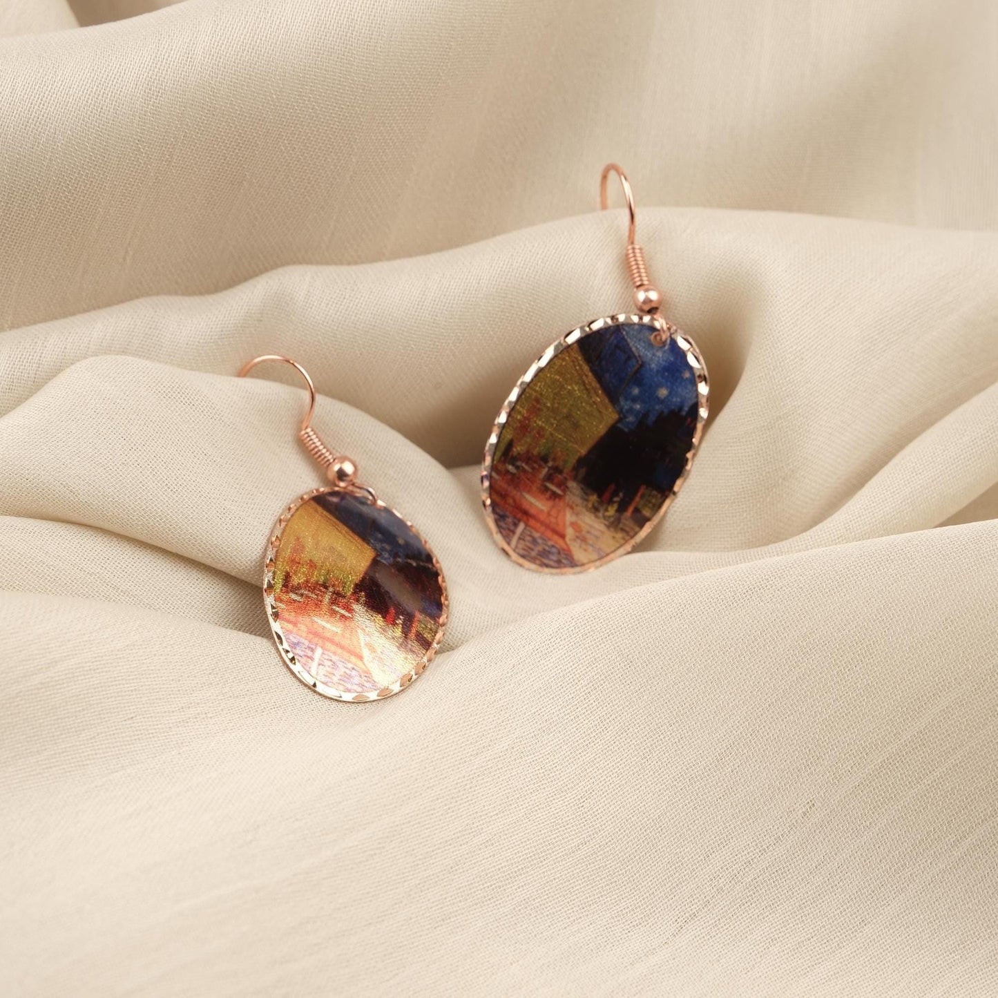 Vincent van Gogh “Café Terrace at Night” Dangle Earrings in Pure Copper, Artistic Design | Handmade Vintage Style, Antique Looking Gift