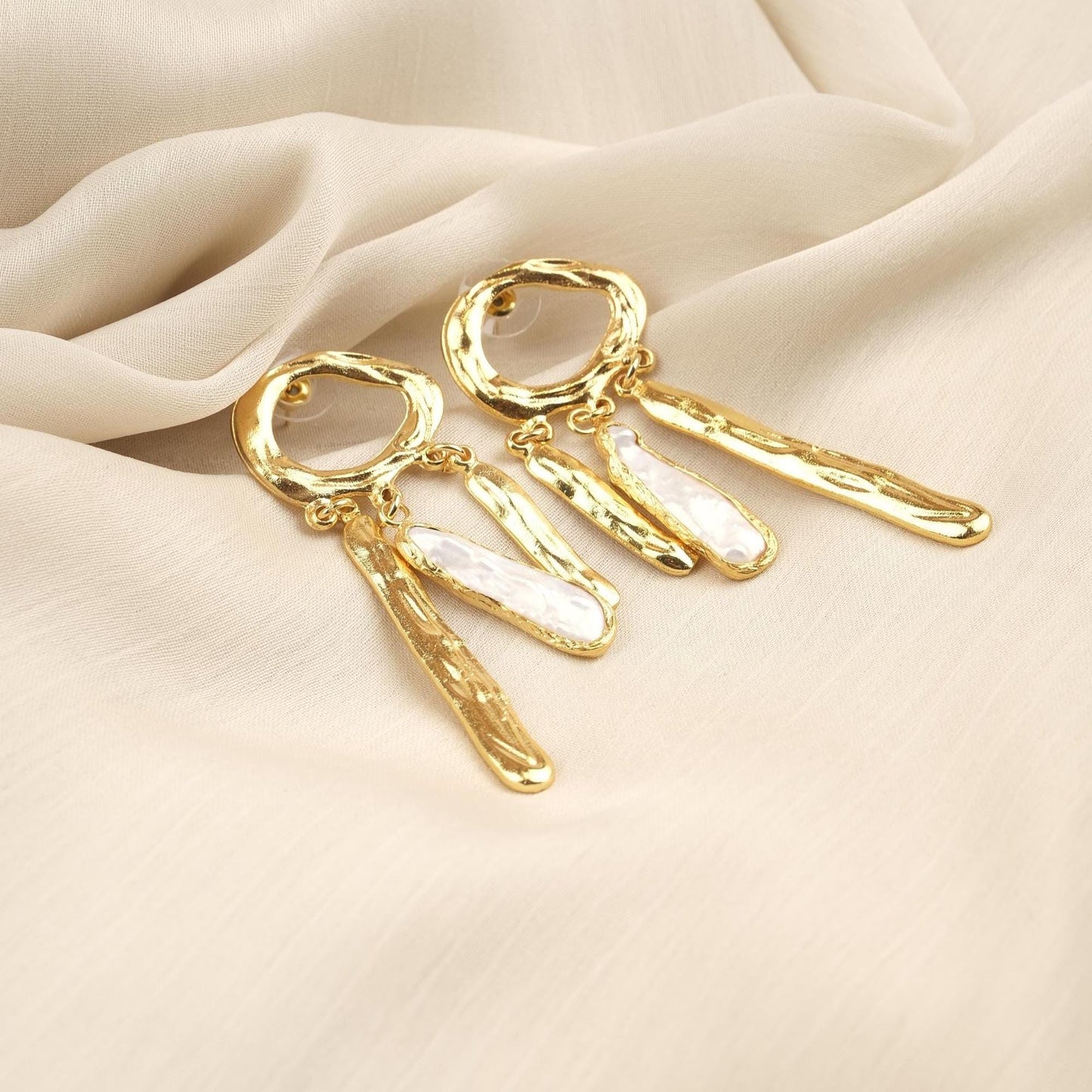 Handmade Genuine Pearl Artistic Earrings, Modern Abstract Design With Gold Plated Studs, Bold Baroque Statement Style For Unique Look Gift