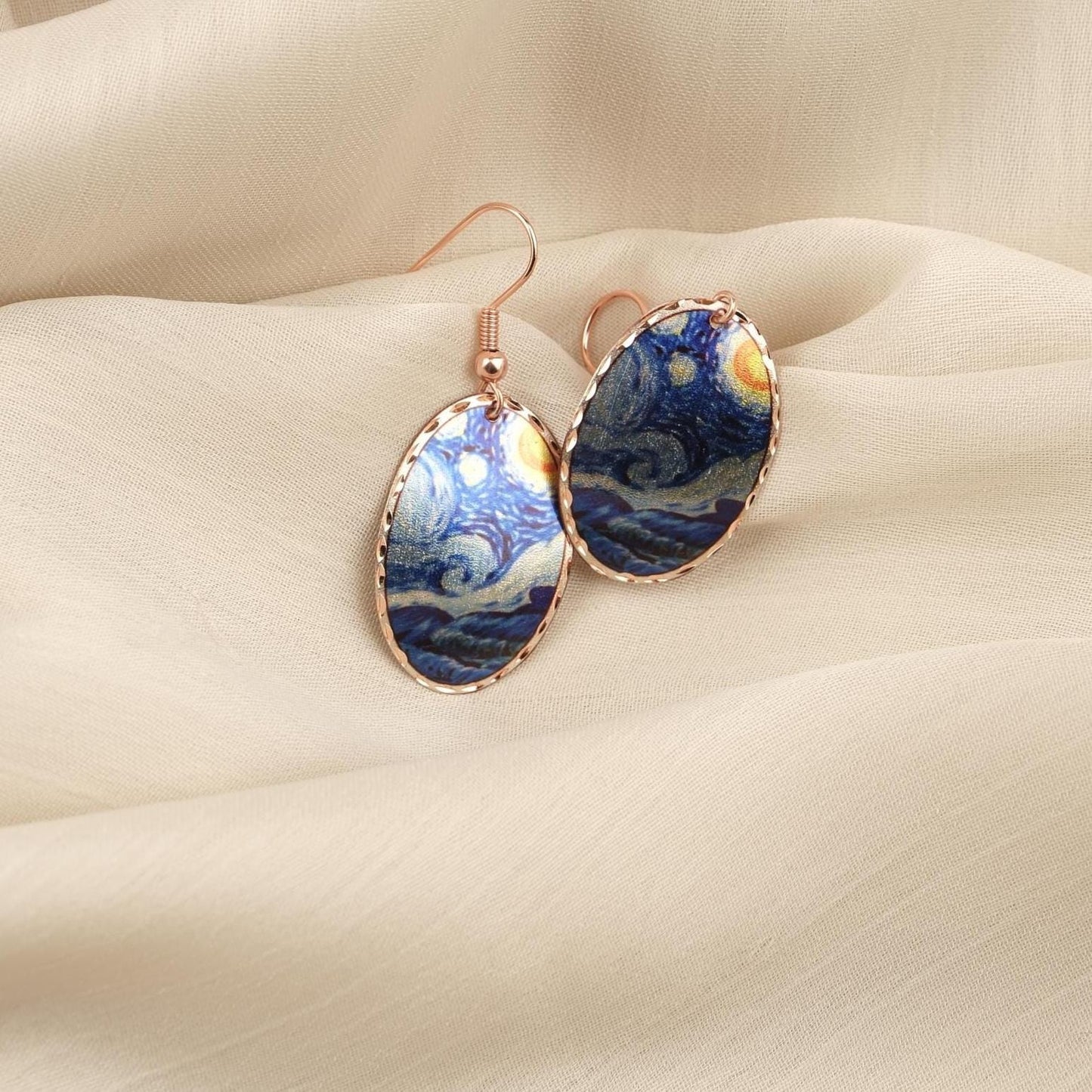 Vincent van Gogh “The Starry Night” Dangle Earrings in Pure Copper, Artistic Design | Handmade Vintage Style, Antique Looking Gift