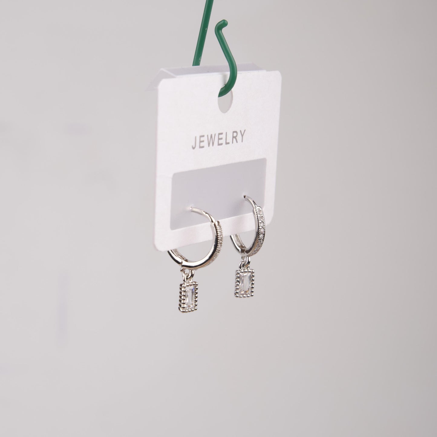 Silver Minimal Emerald Hoop Earrings For Women, Elegant Timeless Style, Hypoallergenic Jewelry In Brass