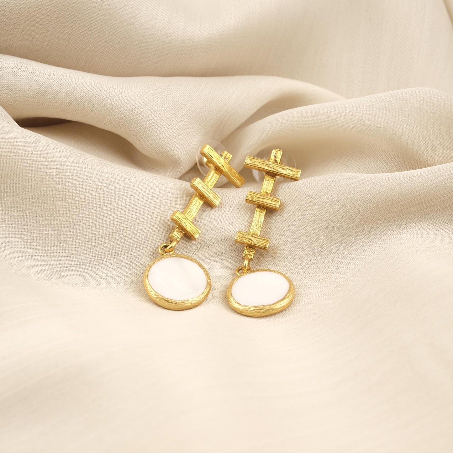 Handmade Artistic Stud Earrings With Genuine Pearl Discs, Gold Plated Abstract Design, Elegant Modern Jewelry With Vintage Style Charm Gift