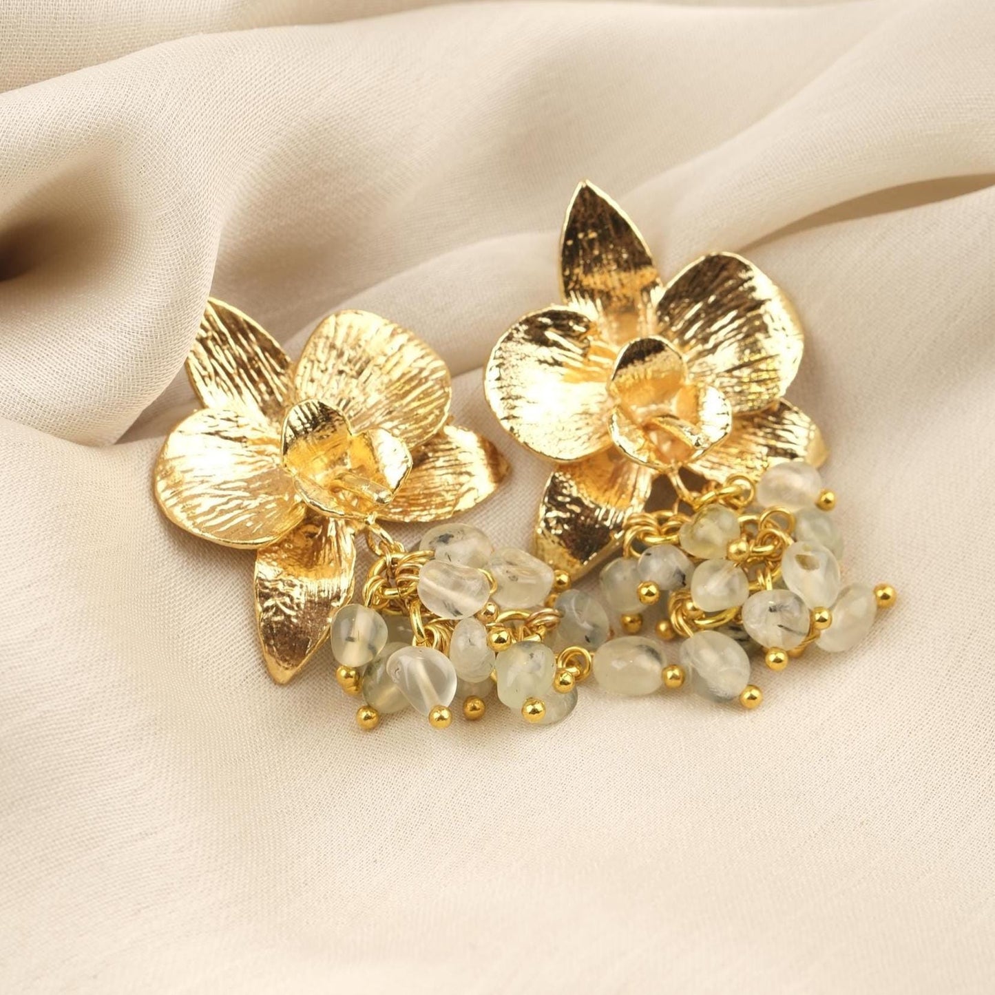 Prenhite Handmade Gold Plated Floral Stud Earrings With Gemstone Grapes, Artistic Botanical Jewelry, Statement Design For Elegant Looks