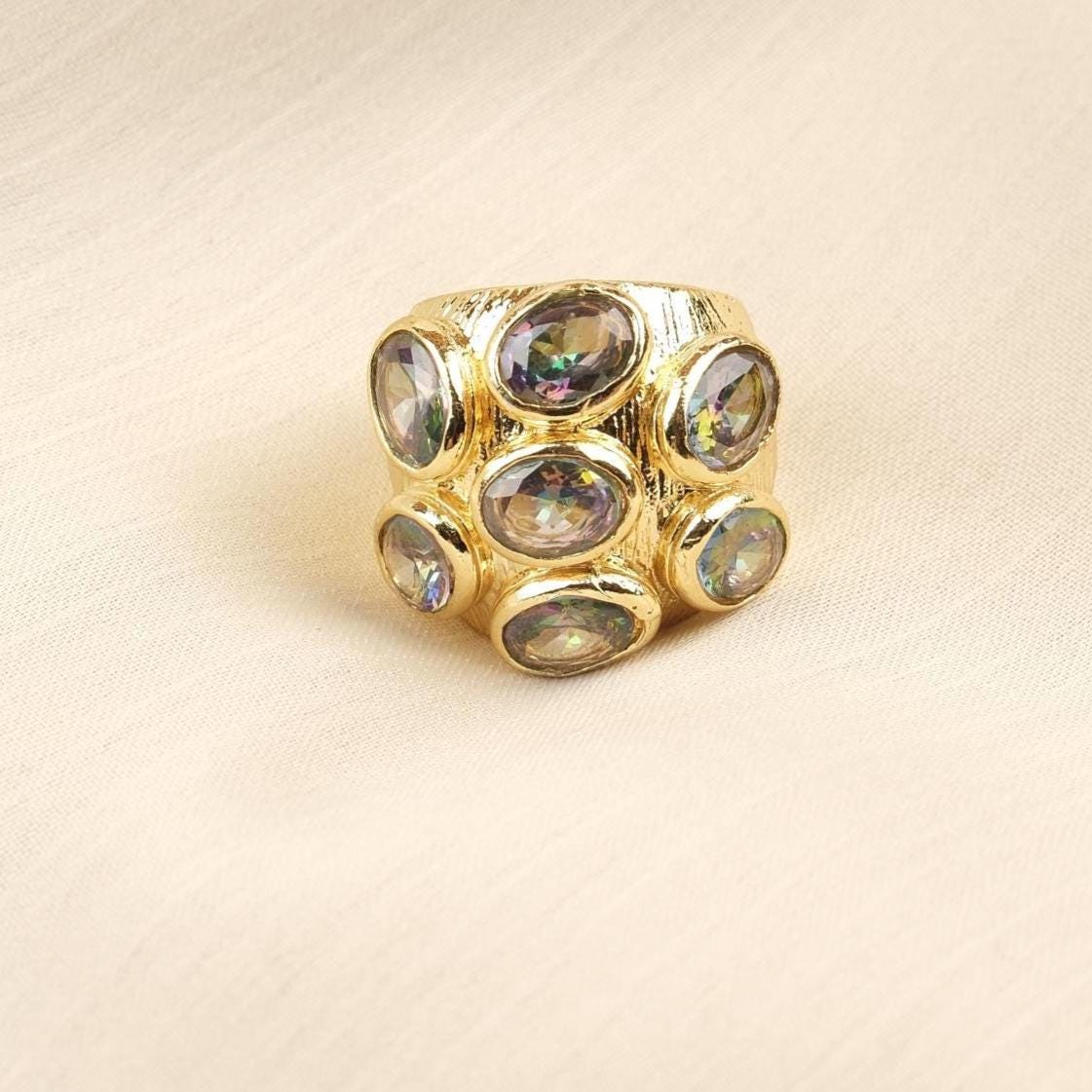 Handmade Ottoman Style Ring With Green Gemstone Cluster, Antique Looking And Vintage Style Gold Plated Ring With Regal And Artistic Details