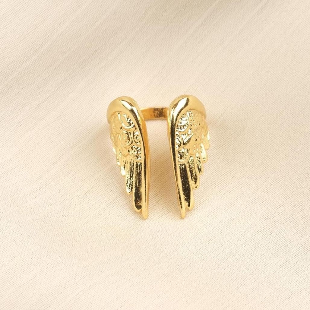 Spiritual Feather & Angel Design Ring Antique Looking And Vintage Style Gold Plated Adjustable , Celestial Inspired Statement Jewelry Gift