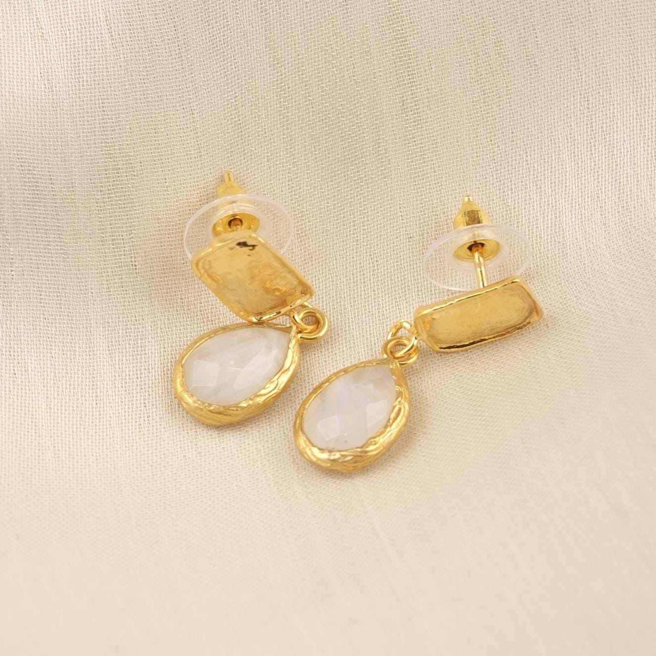 Handmade Moonstone Gold Plated Diamond Shape Stud Earrings, Minimalist Artistic Design with Drop Charm, Elegant Lightweight Jewelry Gift