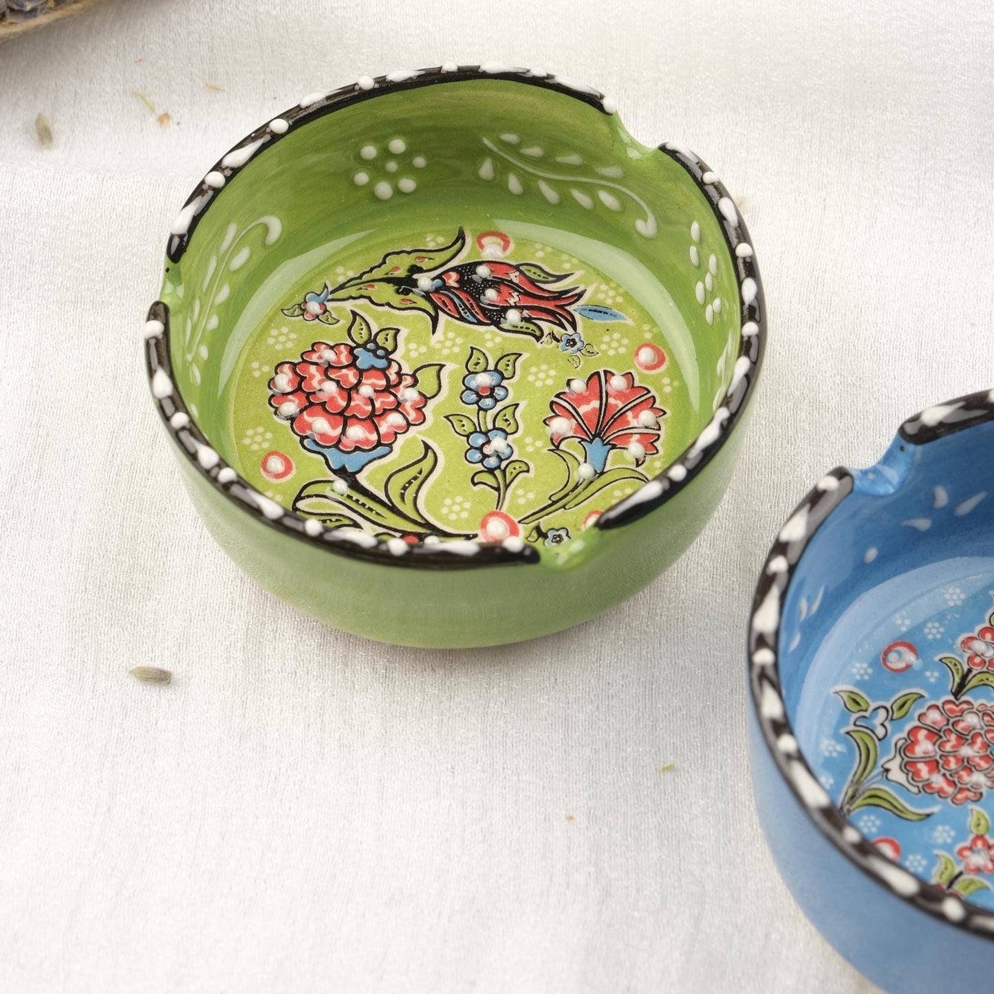 Buy1 Get1 | Green & Blue Ceramic Ashtray with Vintage Lid, Handmade Small Smoking Tray in Antique Style, Artistic Home Accent Gift Idea
