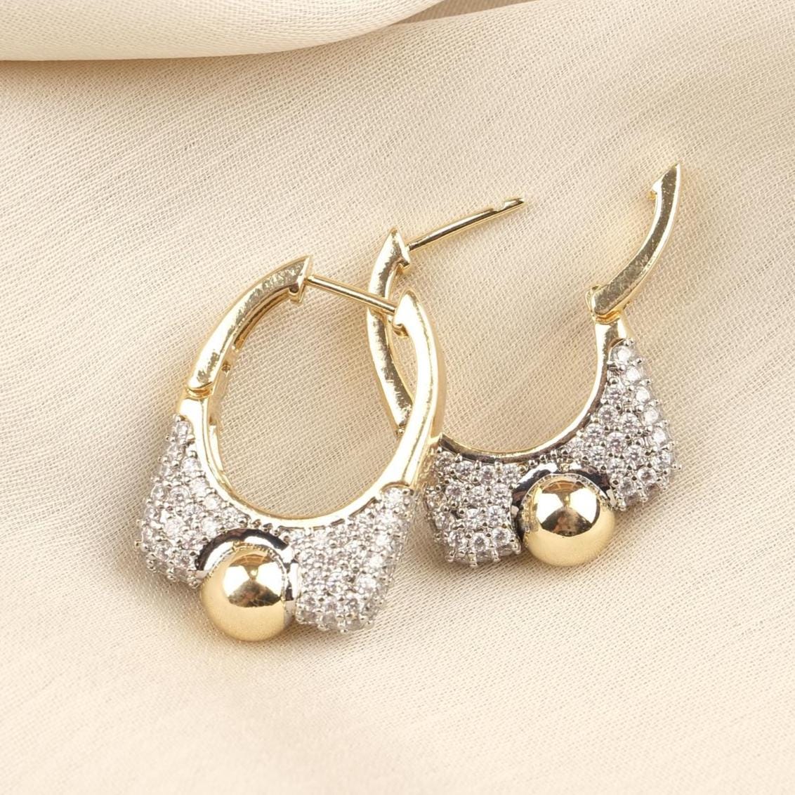 Gold Plated Silver Stud Earrings with Mini Diamond Detailing, Classic Hoop Design, Art Deco Style, Luxury Look, Hypoallergenic and Timeless