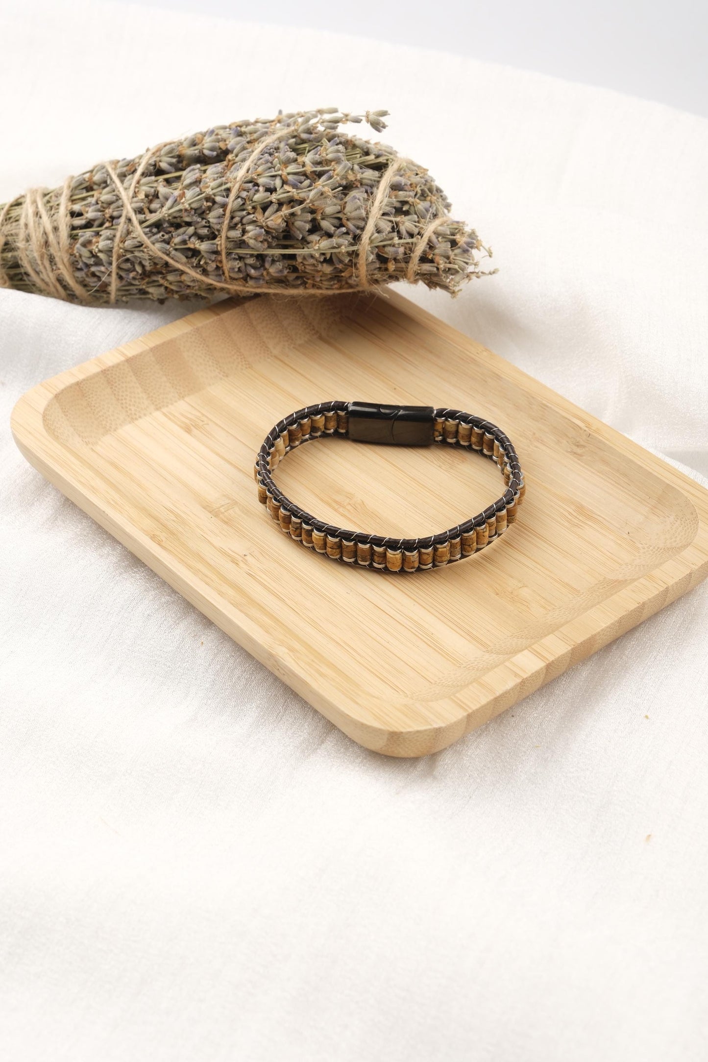 Stones of Courage and Grounding, Tiger Eye & Hematite Leather Bracelet for Men, Crystal Wristband Gift for Him