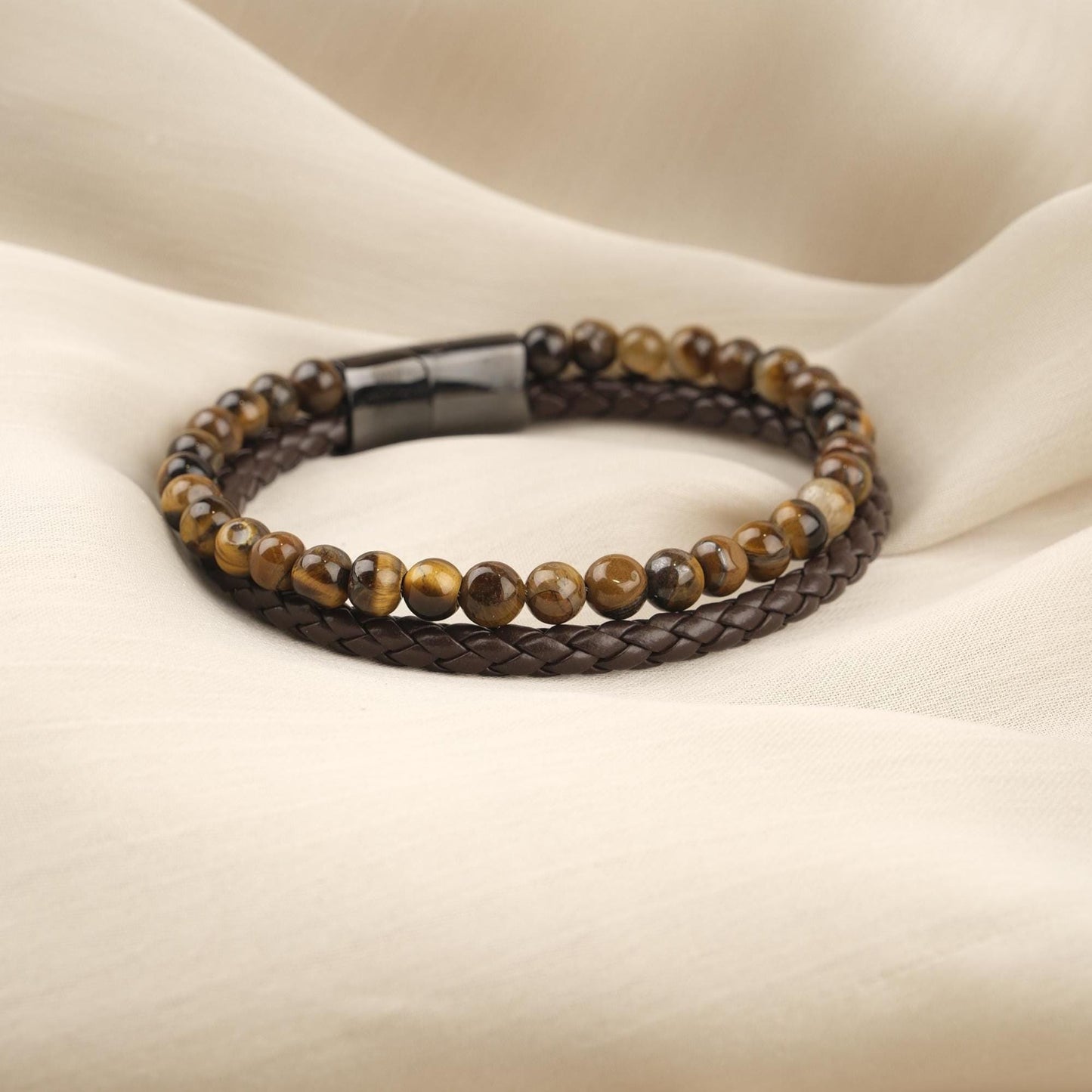 Handmade Minimal Tiger's Eye Gemstone and Genuine Leather Men's Bracelet with Titanium Lock, Natural Stone Jewelry for Him | 22 cm, 8.66 in