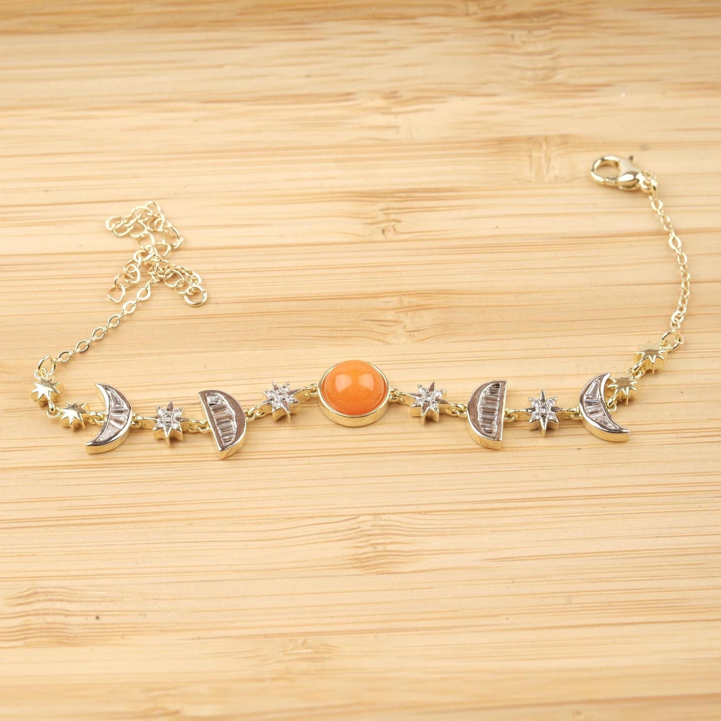 Orange Moon & Star Charm Bracelet for Women, Gold Celestial Jewelry with Vibrant Orange Accent Stone, Warm Gift for Her, 22cm / 8.66in