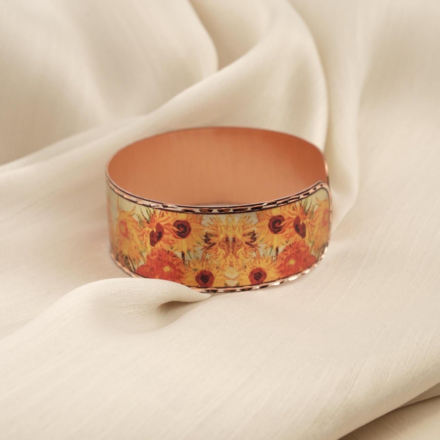 Vincent Van Gogh "Vase with Fifteen Sunflowers" Bracelet in Pure Copper, Handmade Adjustable Bangles | Antique Looking Vintage Style Gift