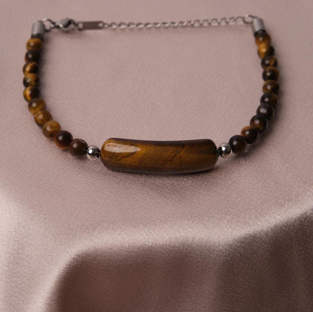 Brown and Classic Adjustable Gemstone Bracelet for Men, Chunky Chain Link | Rugged Modern Style | Masculine Jewelry Gift for Boyfriend