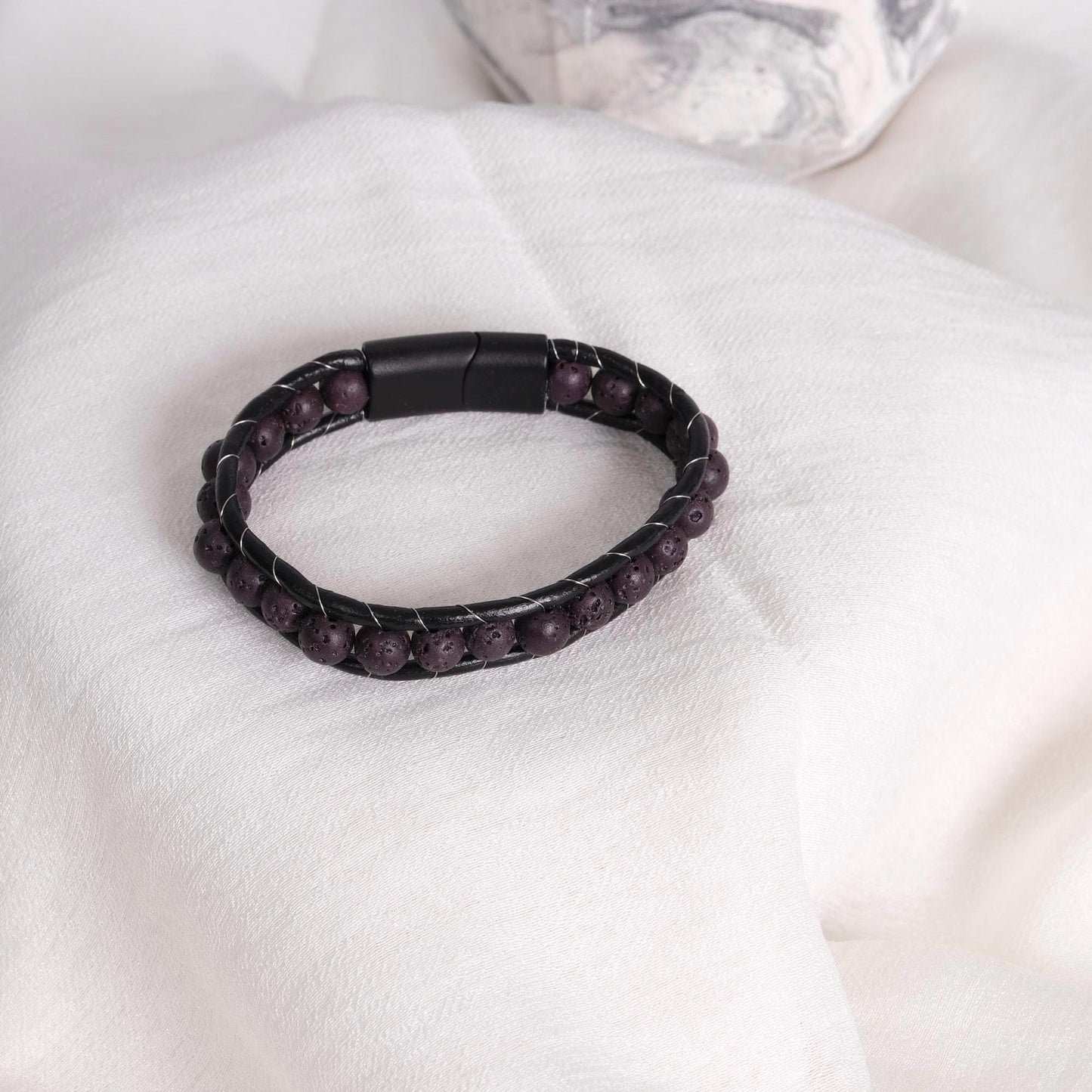 Black Carbon Matte Gemstone Bracelet for Men, Real Leather, Steel Wrapped, 22cm, Durable Masculine Design