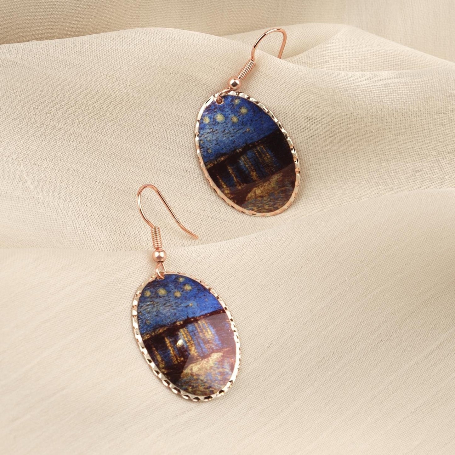 Vincent van Gogh “Starry Night Over the Rhône” Dangle Earrings in Pure Copper, Artistic Design, Handmade Vintage Style, Antique Looking Gift