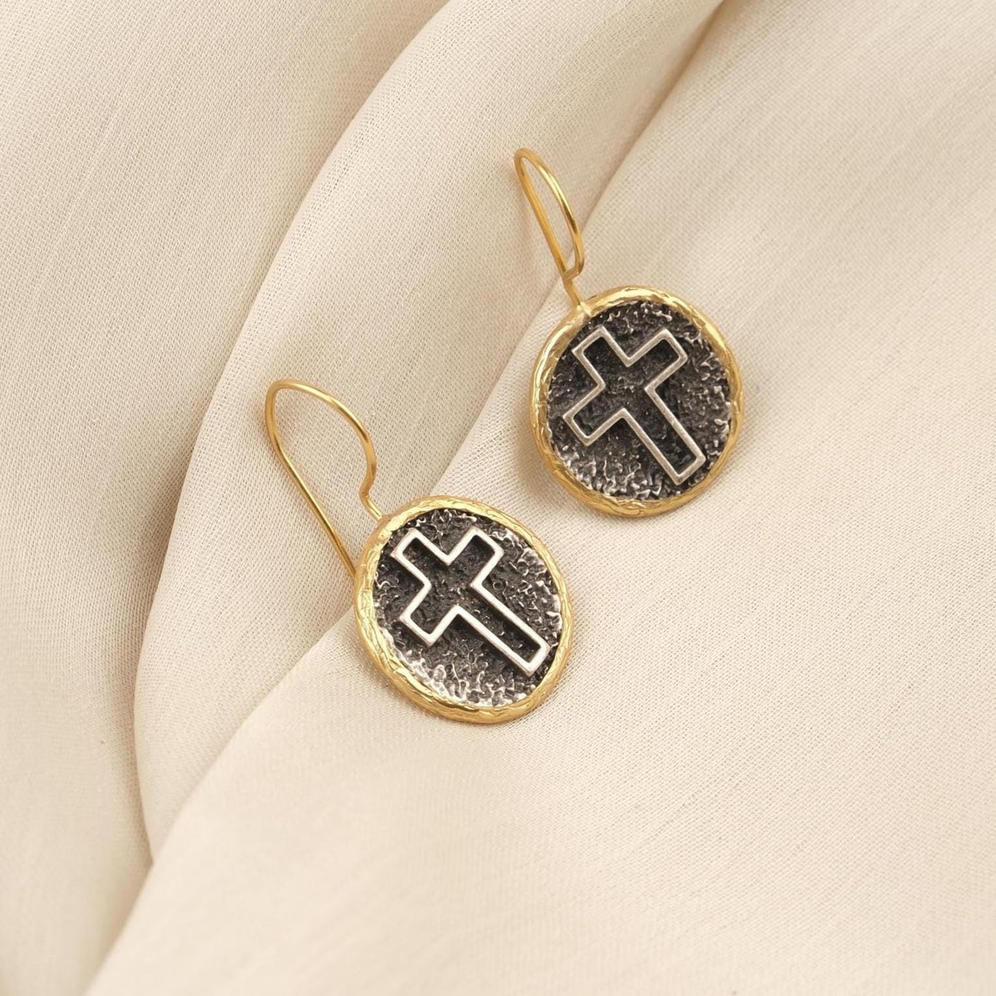 Handmade Gold Plated Cross Dangle Earrings, Textured Round Drop Design with Antique Looking Finish, Faith Inspired Elegant Gift for Her
