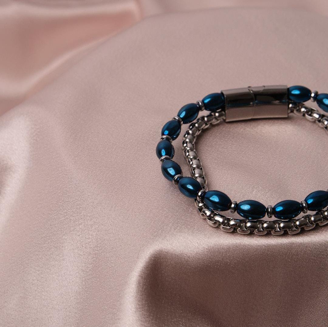Half Blue Stone & Half Silver Stainless Steel Bracelet –Thick Chain Design for Men | Durable Wristwear | Bold Statement Piece | Gift for Him