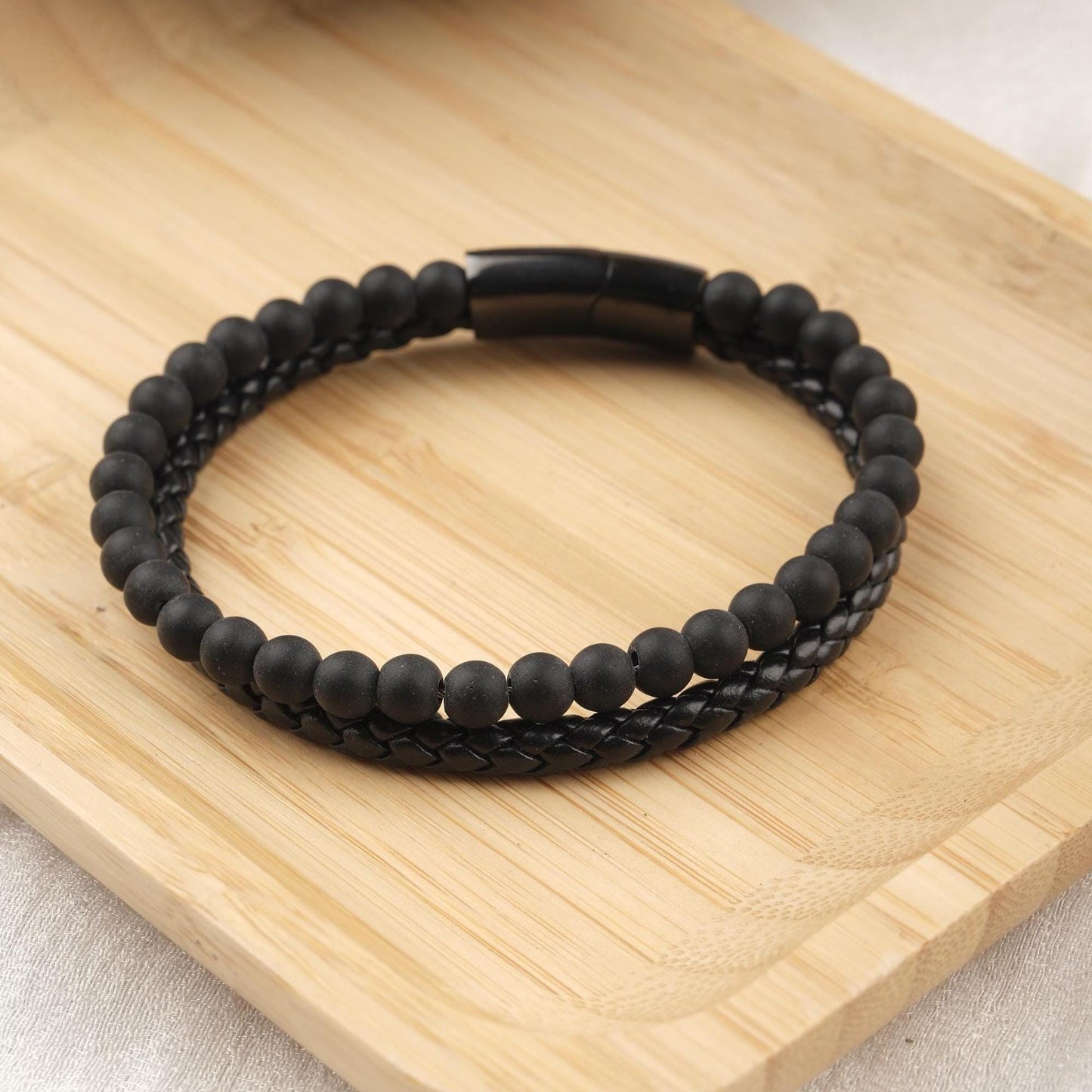 Stone of Protection, Matte Black Onyx & Leather Bracelet for Men, Bold Gemstone Wristband Gift for Boyfriend or Him | Titanium Lock