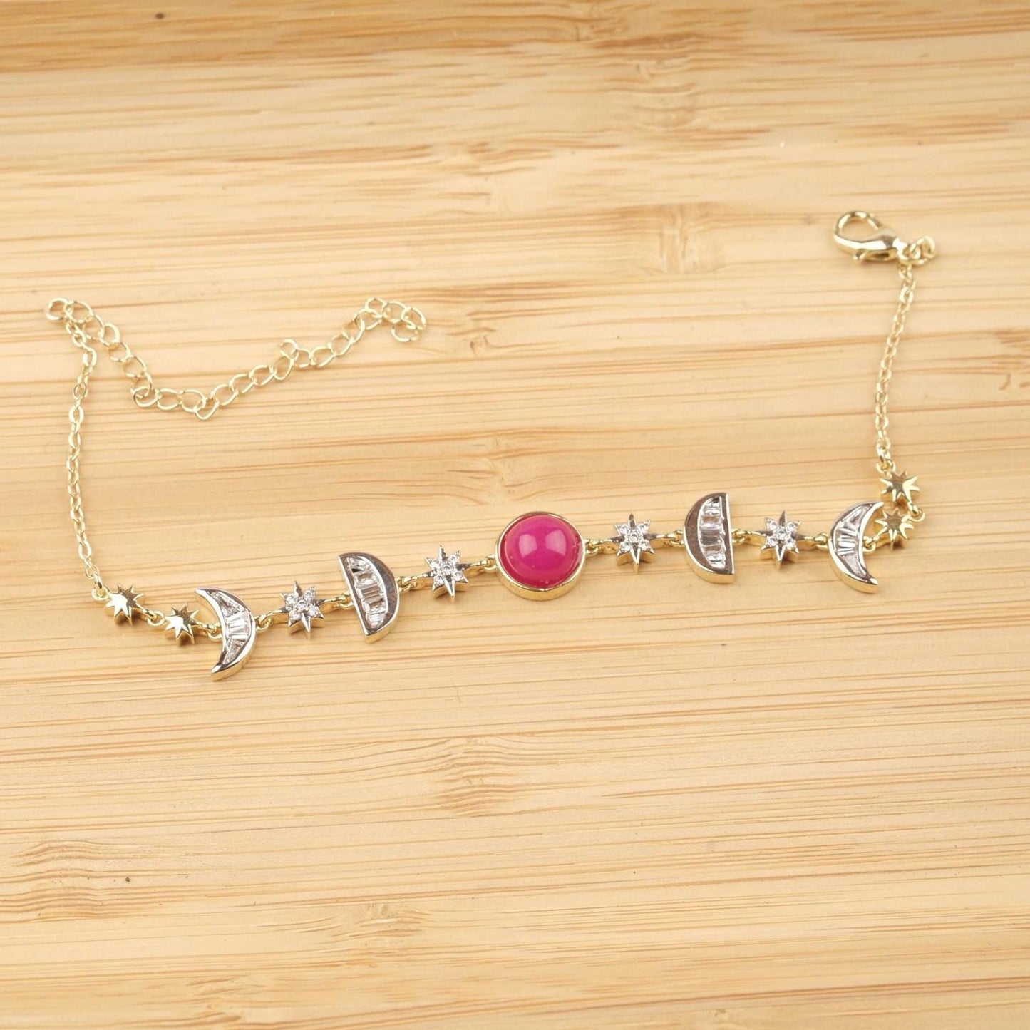 Pink Moon & Star Charm Bracelet for Women, Gold Celestial Jewelry with Soft Pink Accent Stone, Romantic Gift for Her, 22cm / 8.66in