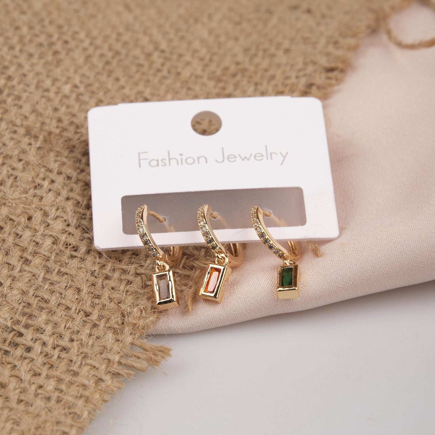 Gold Rectangle Emerald Earrings Set, Buy 1 Get 1 Bundle Of 6, Minimalist Hypoallergenic Jewelry For Women, Made In Brass