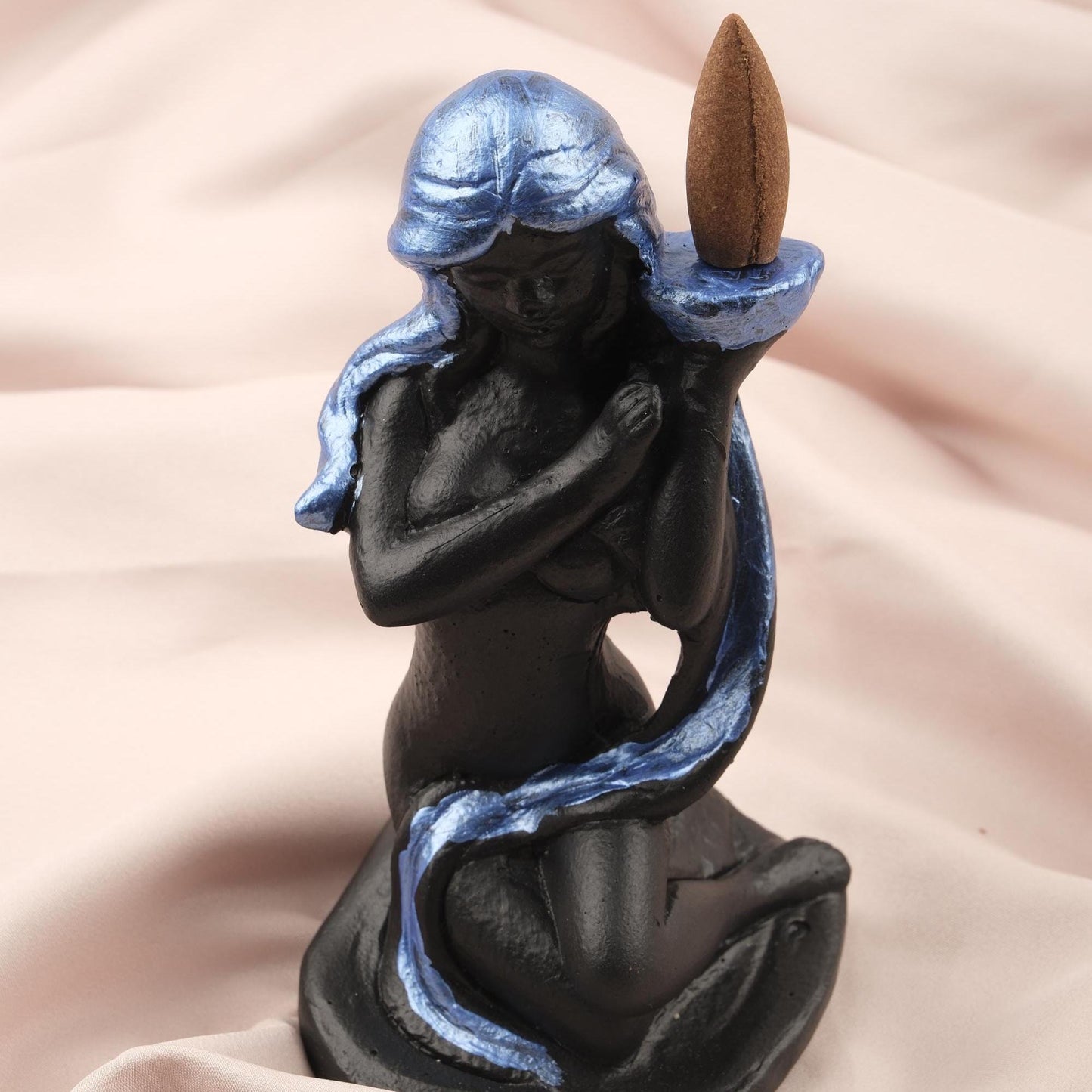 Women Figure Backflow Incense Holder, 17 cm and 6.7 in | Unique Resin Smoke Fountain, Spiritual Decor, Meditation Gift, Navy Blue & Black