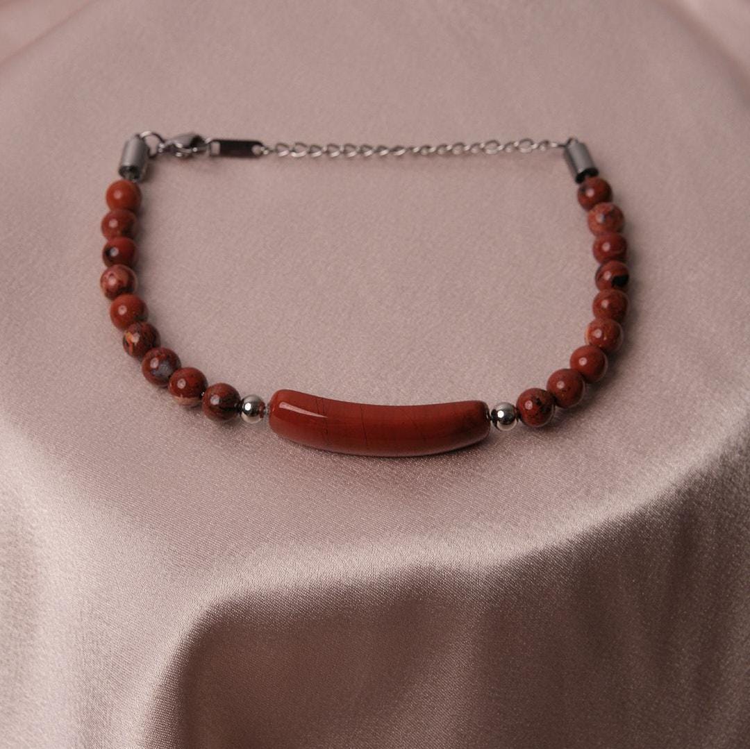 Red Classic Gemstone Bracelet with Silver Cord Stainless Steel Gift for Men, Tough and Timeless Style, Cool Masculine Jewelry Gift for Men