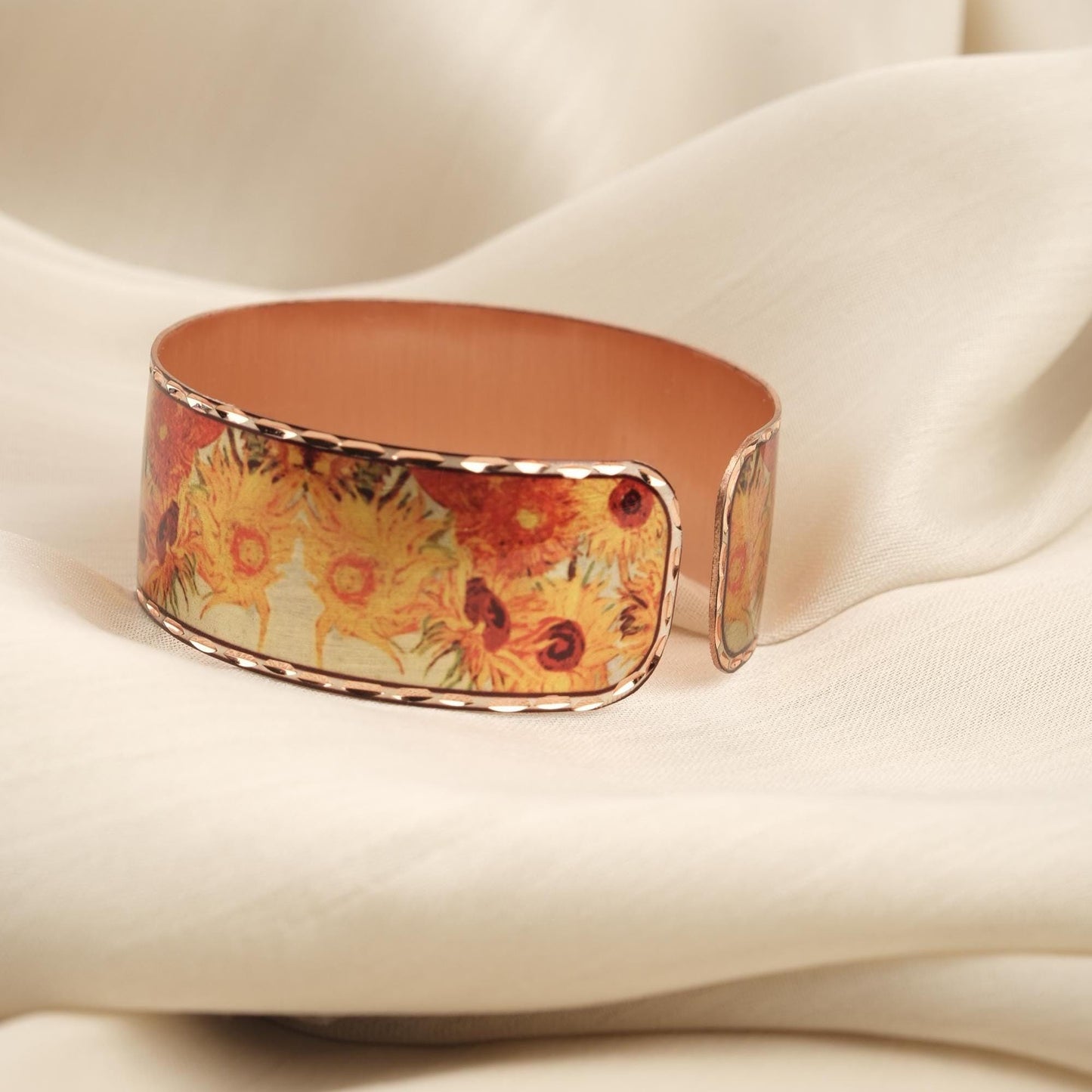 Vincent Van Gogh "Vase with Fifteen Sunflowers" Bracelet in Pure Copper, Handmade Adjustable Bangles | Antique Looking Vintage Style Gift