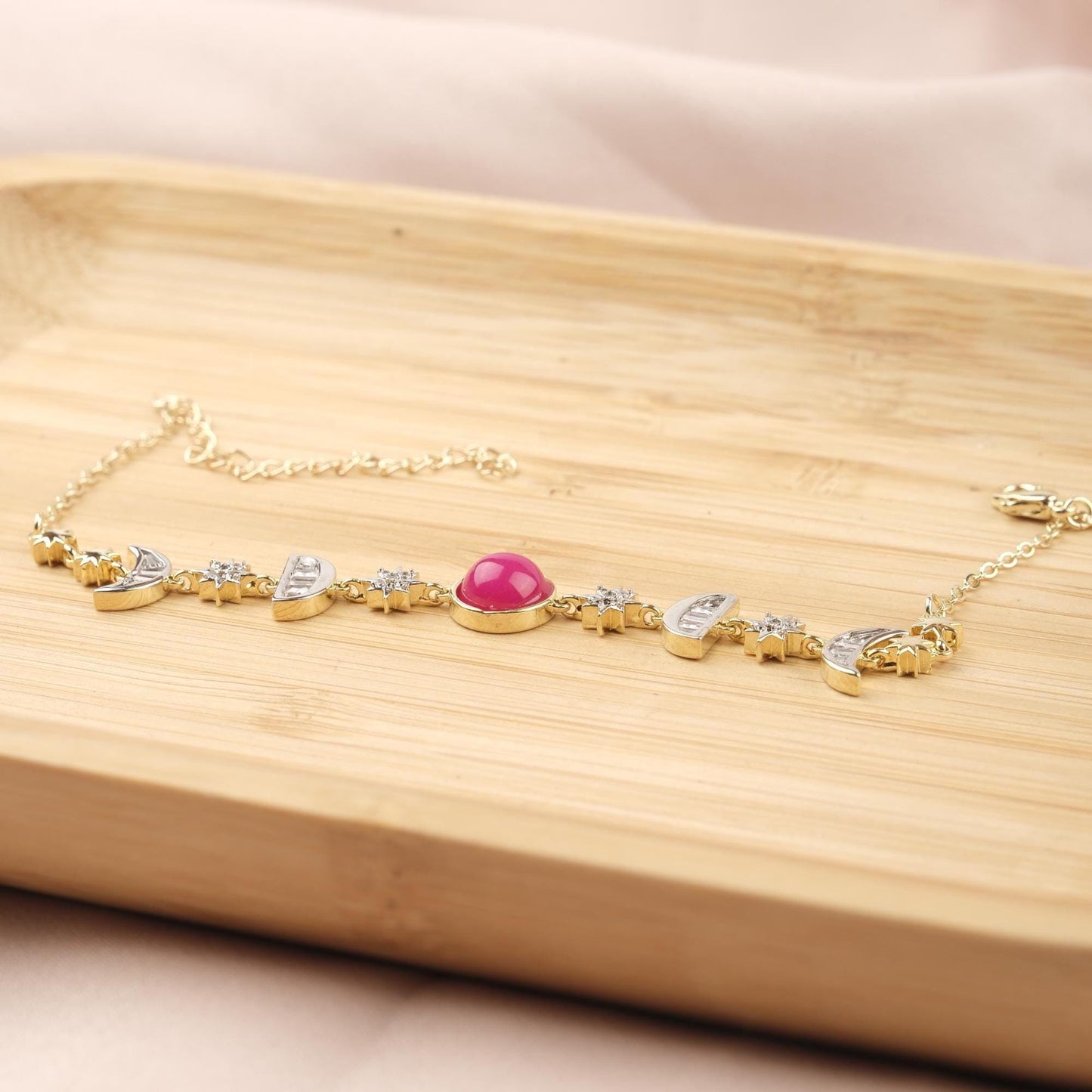Pink Moon & Star Charm Bracelet for Women, Gold Celestial Jewelry with Soft Pink Accent Stone, Romantic Gift for Her, 22cm / 8.66in