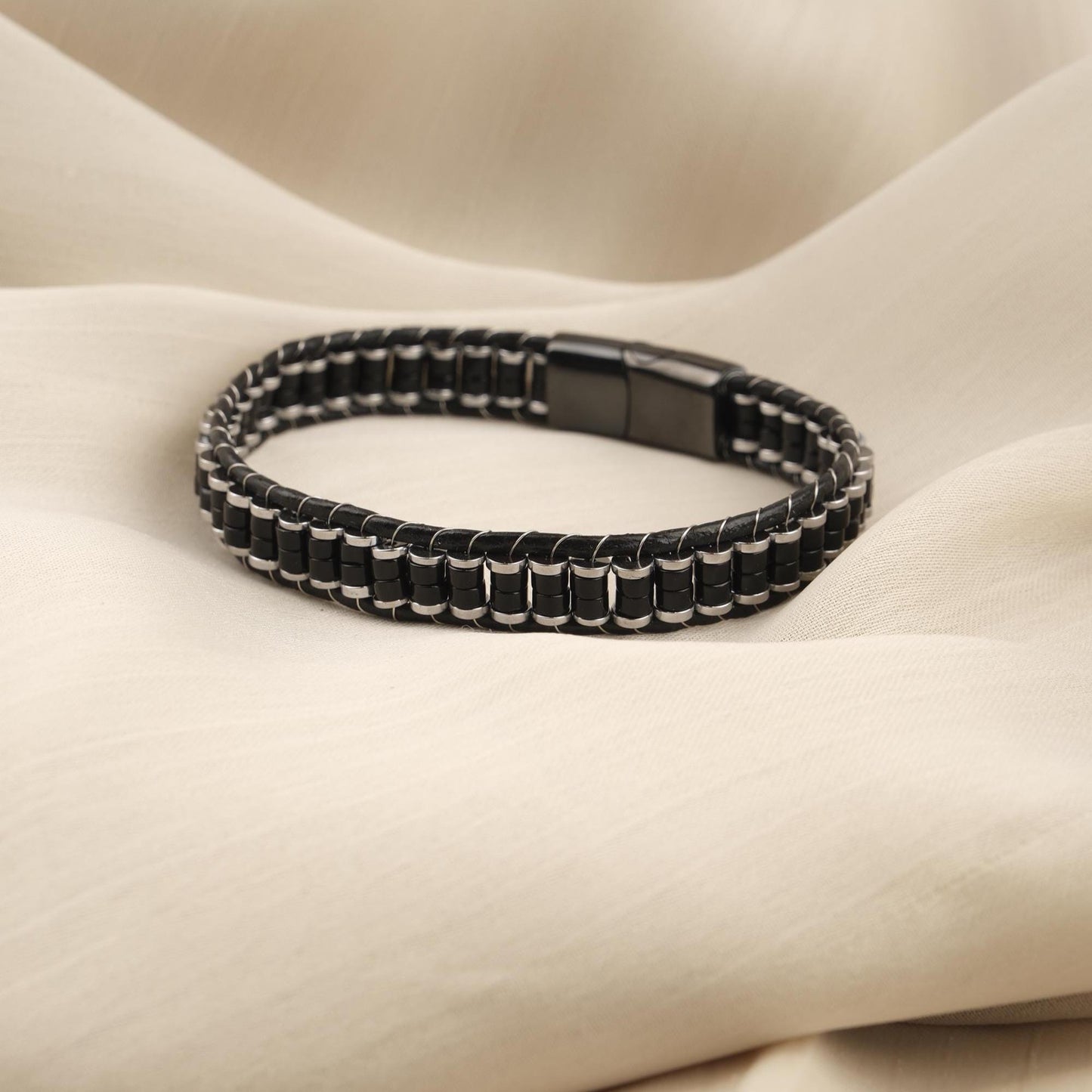Handmade Hematite & Genuine Leather Men's Bracelet, Bold Black , Titanium Lock, Elegant Statement Piece | 22 cm (8.66 in) gift