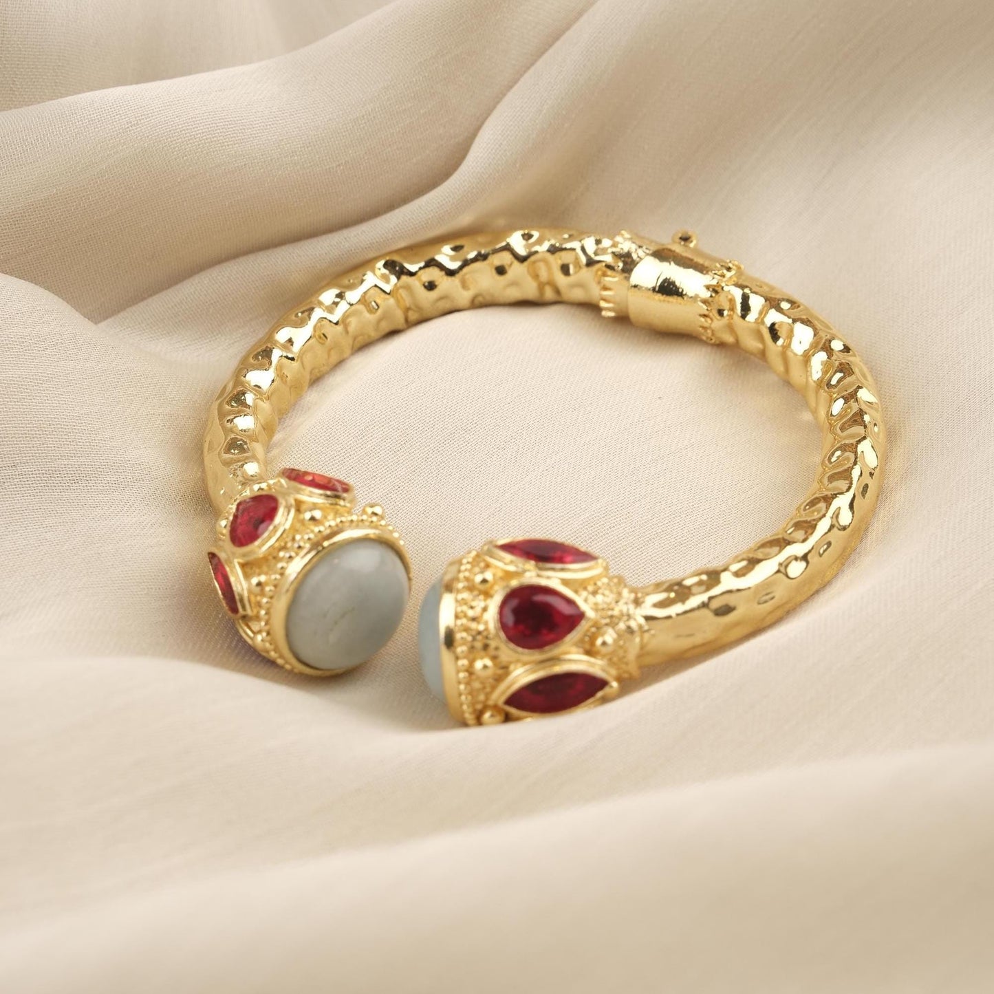 Stone of Courage | Handmade Aquamarine Bracelet with Ruby Red Accents, Inspired Design, Antique Looking and Vintage Style Gold Plated Bangle