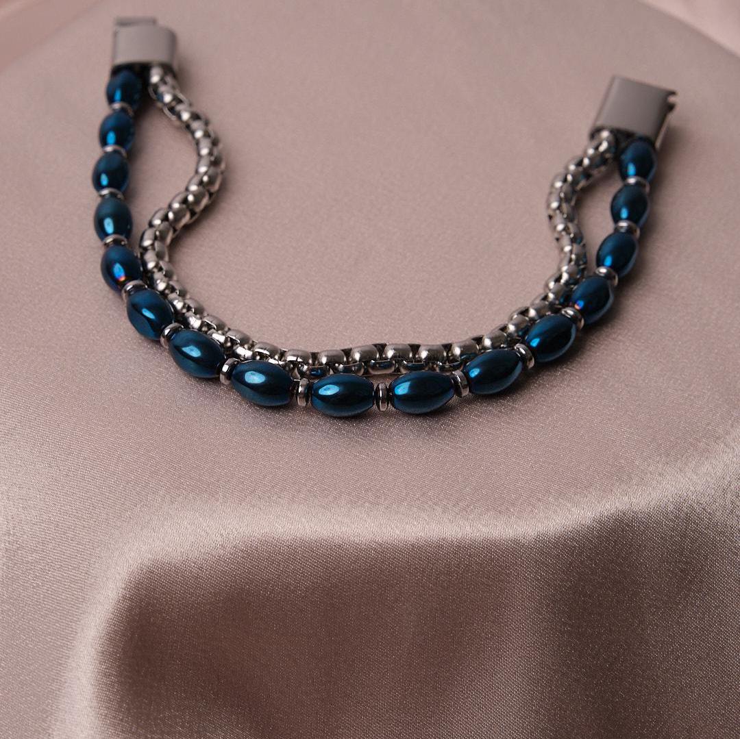 Half Blue Stone & Half Silver Stainless Steel Bracelet –Thick Chain Design for Men | Durable Wristwear | Bold Statement Piece | Gift for Him
