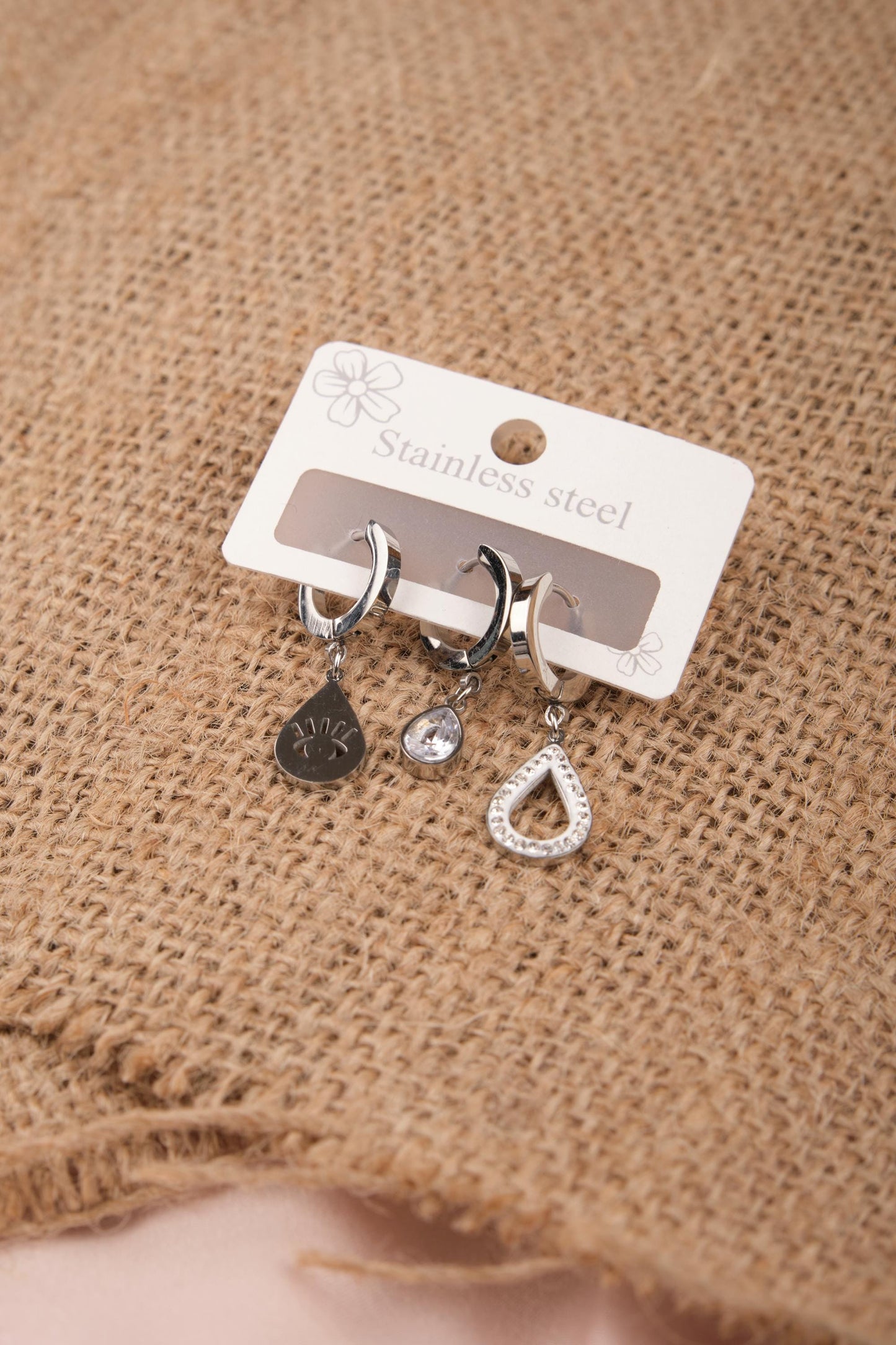 Silver Eye, Drop And Diamond Earrings Set Of 6, Refined Hypoallergenic Jewelry For Women, Symbolic Minimalism In Brass