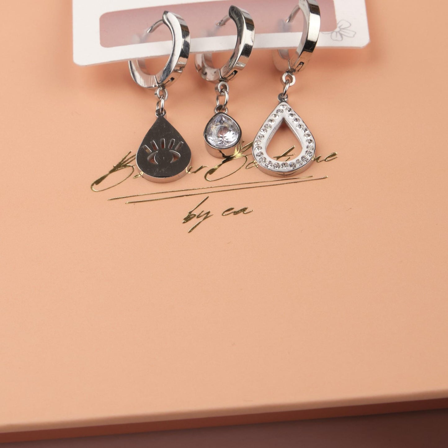 Silver Eye, Drop And Diamond Earrings Set Of 6, Refined Hypoallergenic Jewelry For Women, Symbolic Minimalism In Brass