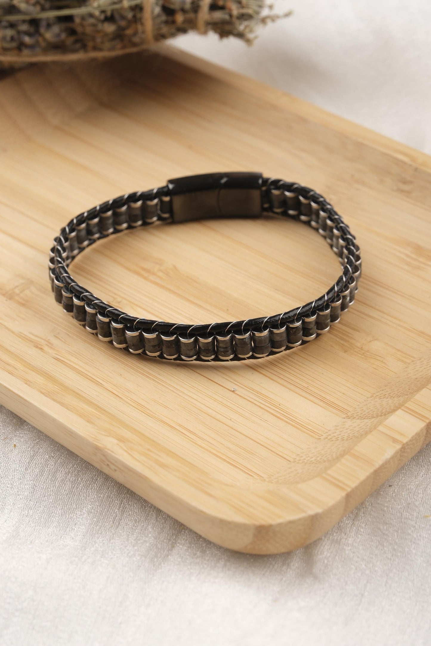 Stone of Balance, Hematite Leather Bracelet for Men, Black Crystal Bracelet with Genuine Leather, Gift for Boyfriend or Him, 21 cm