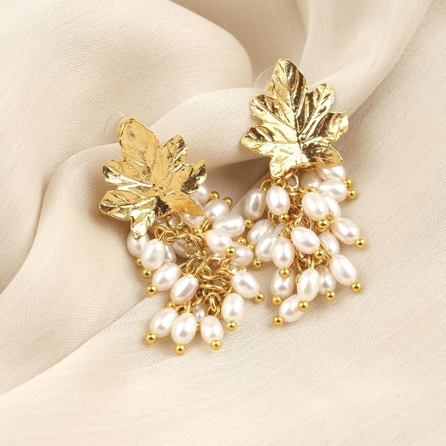 Handmade Genuine Pearls, Grape Stud Earrings, Gold Plated Artistic Cluster Design with Fresh Water Pearls Antique Looking Gift for Women