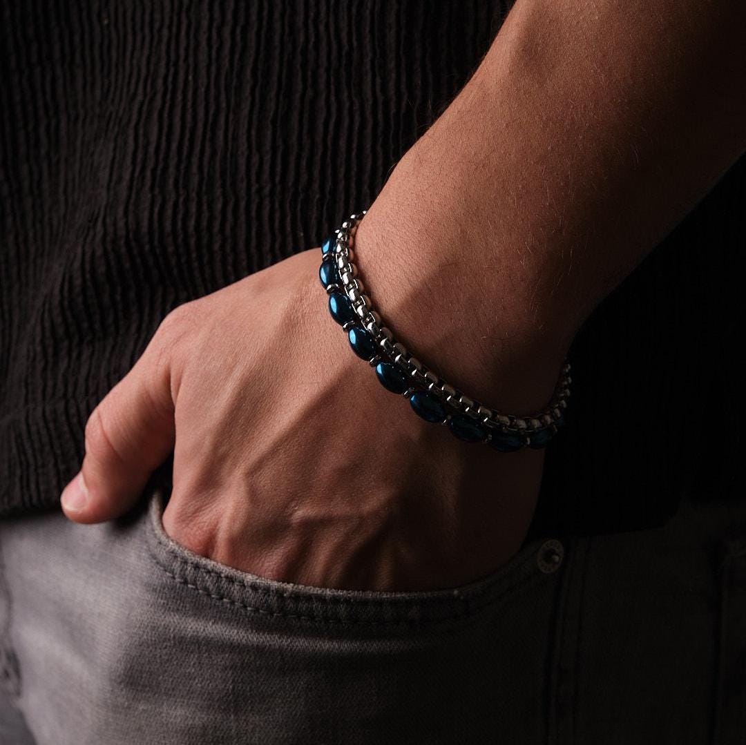 Half Blue Stone & Half Silver Stainless Steel Bracelet –Thick Chain Design for Men | Durable Wristwear | Bold Statement Piece | Gift for Him