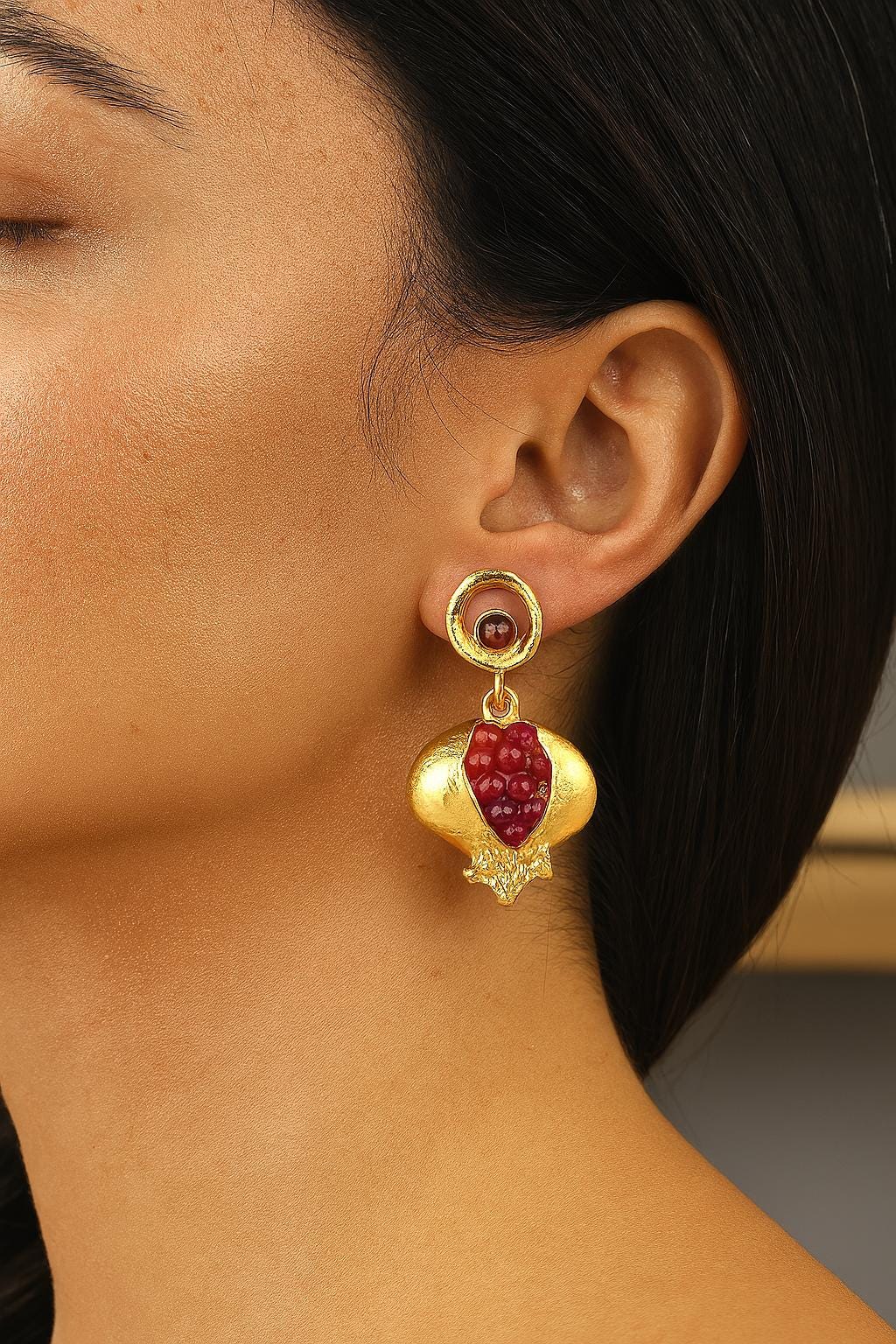 Handmade Genuine Jade Pomegranate Earrings , March Birthstone, Exotic Studs, Elegant And Artistic Statement Jewelry Design Gift