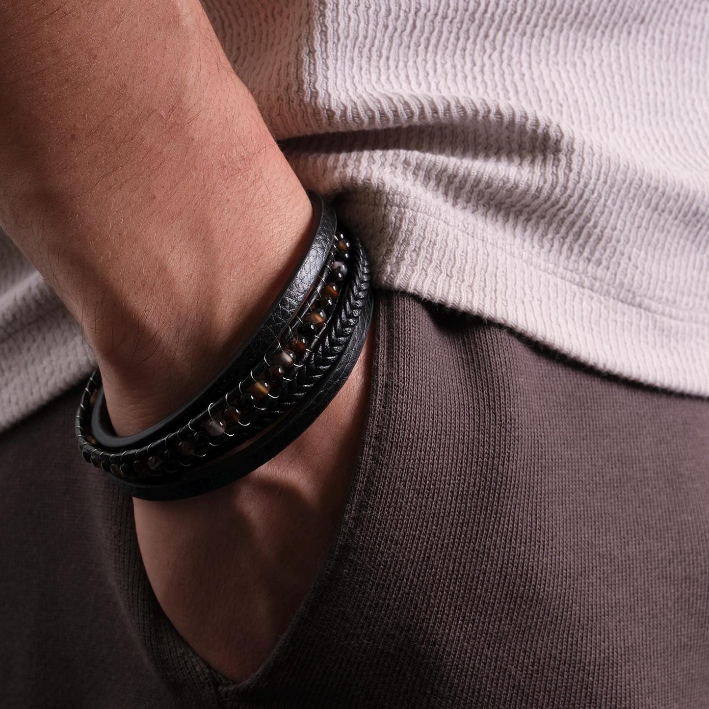 Black Leather & Tiger Eye Gemstone Men's Bracelet 22cm – Bold Braided Design with Natural Stone Accent, Durable Genuine Leather Wristwear