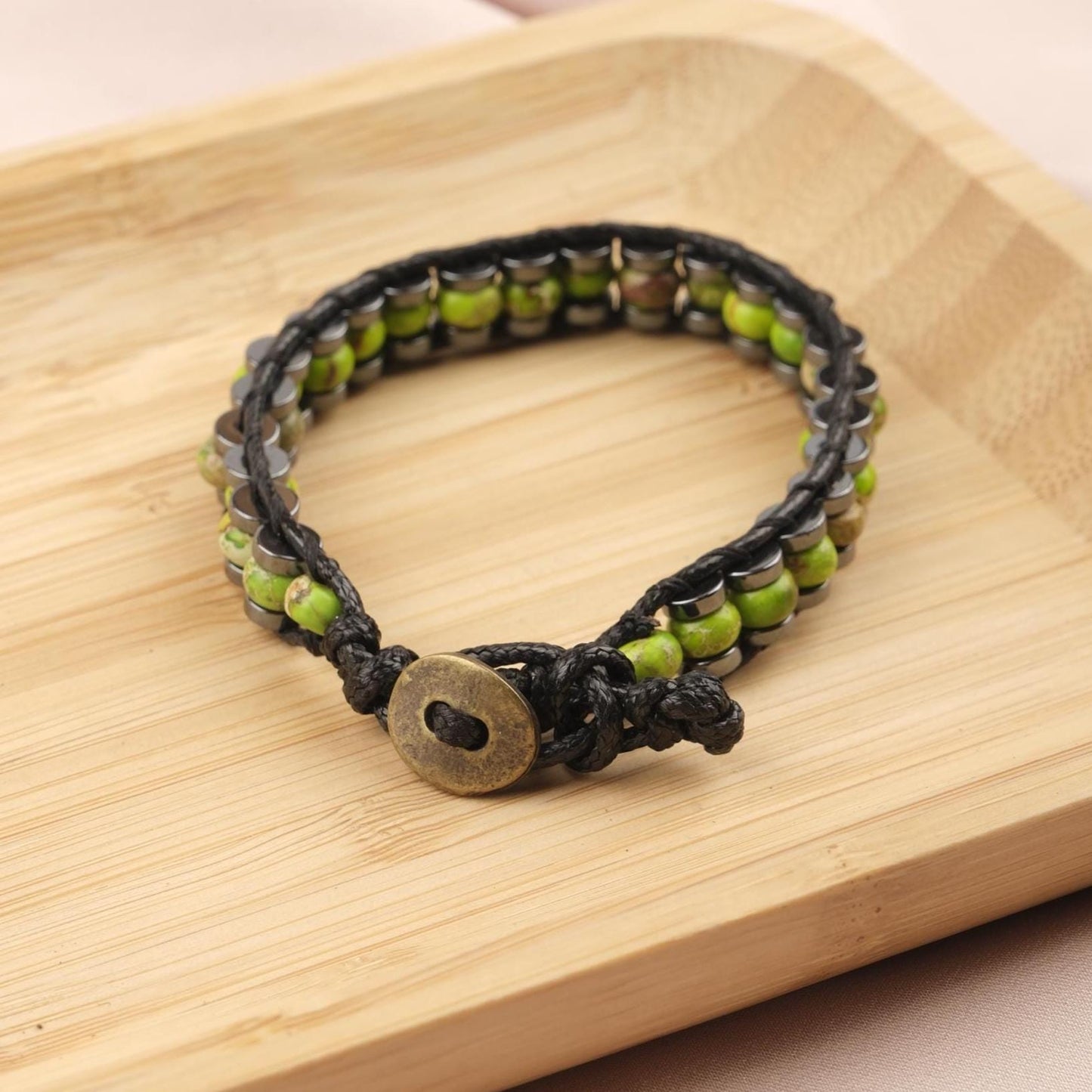 Stone of Vitality, Green Jasper & Hematite Leather Bracelet for Men, Bold Crystal Wristband Gift, Rugged Earthy Style, 21cm / 8.26in