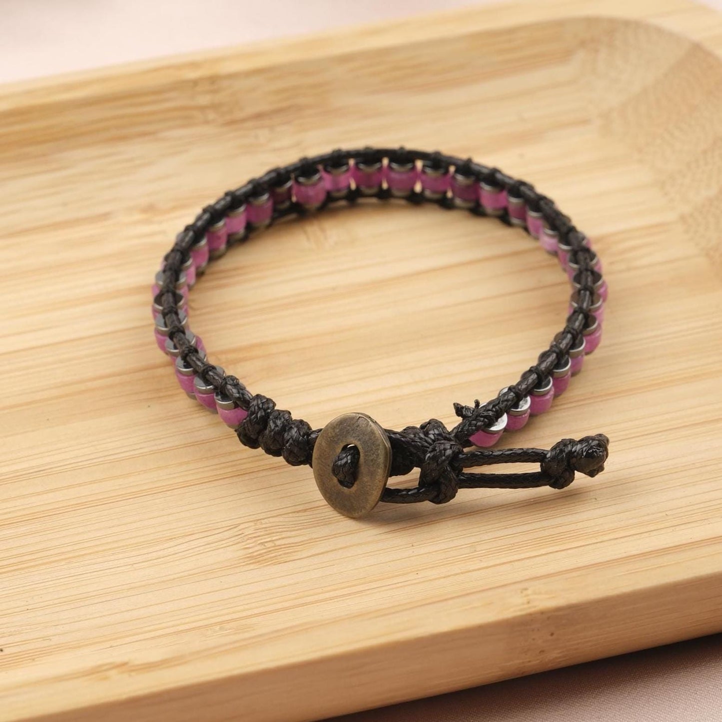Stone of Opportunity, Green Aventurine & Hematite Leather Bracelet for Men, Crystal Wristband Gift, Earthy Bold Style, 21cm / 8.26in