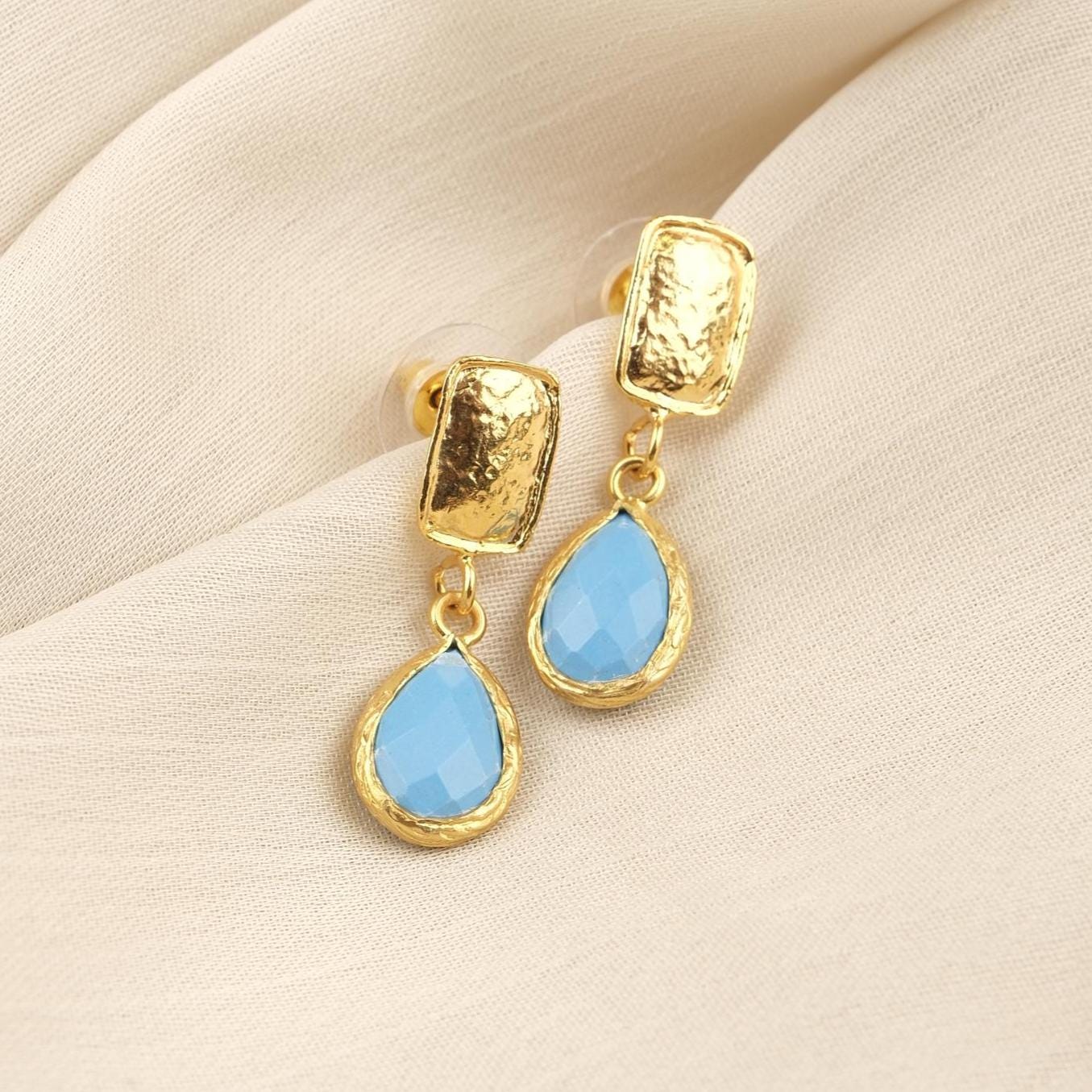 Handmade Turquoise Gemstone Stud Earrings, Elegant Teardrop Design with Faceted Blue Stone, Antique Looking Dainty Gift for Women