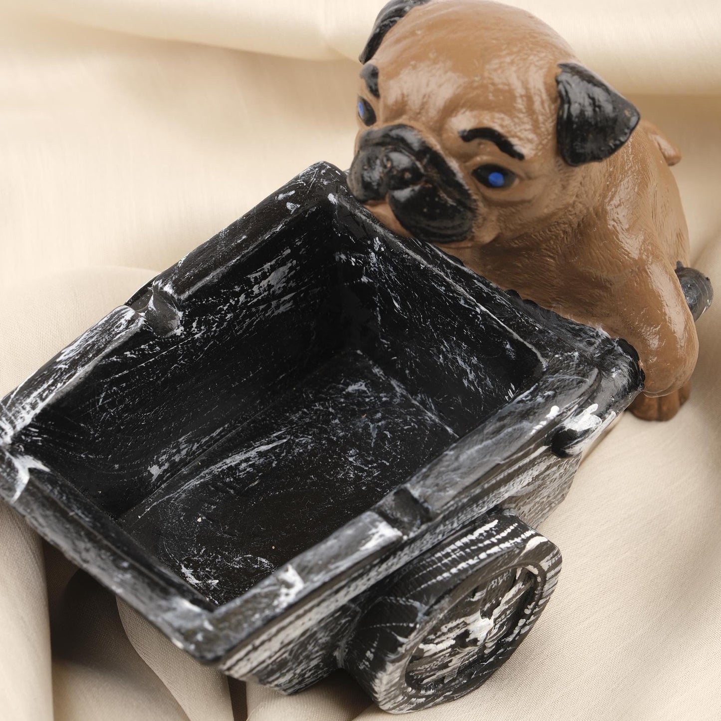 Green Pug Dog Ashtray in Wheelbarrow Cart, Cute Animal Smoking Tray, Handcrafted Dog Lover Gift Whimsical and Functional Decor, 16x9x12cm